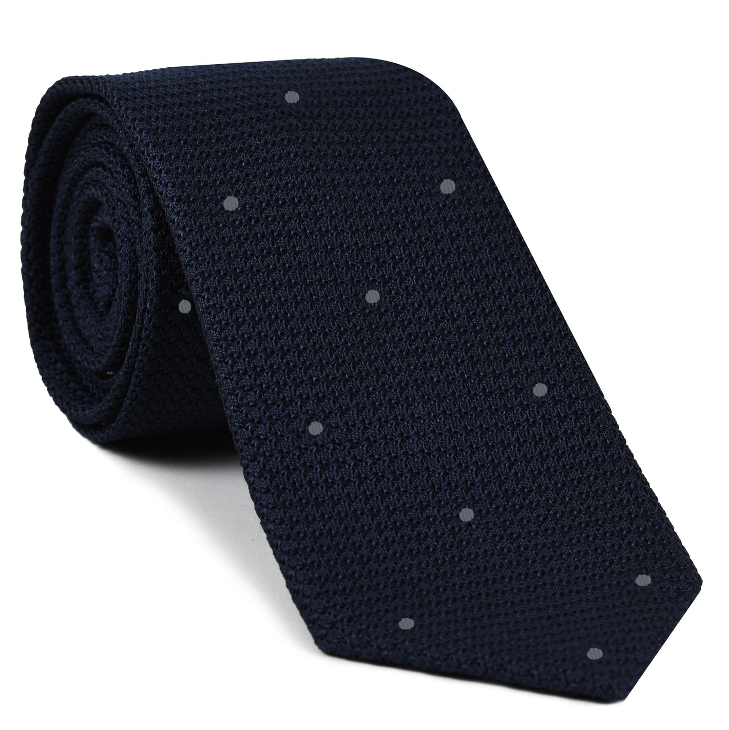 {[en]:Midnight Blue Grenadine Grossa with  Silver Gray (Hand Sewn) Pin Dots Silk Tie