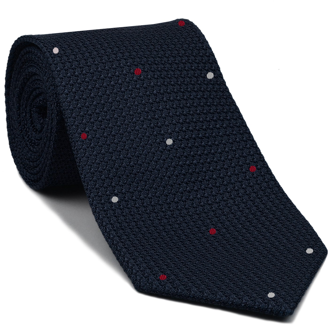 {[en]:Midnight Blue Grenadine Grossa with White & Bright Red (Hand Sewn) Pin Dots Silk Tie