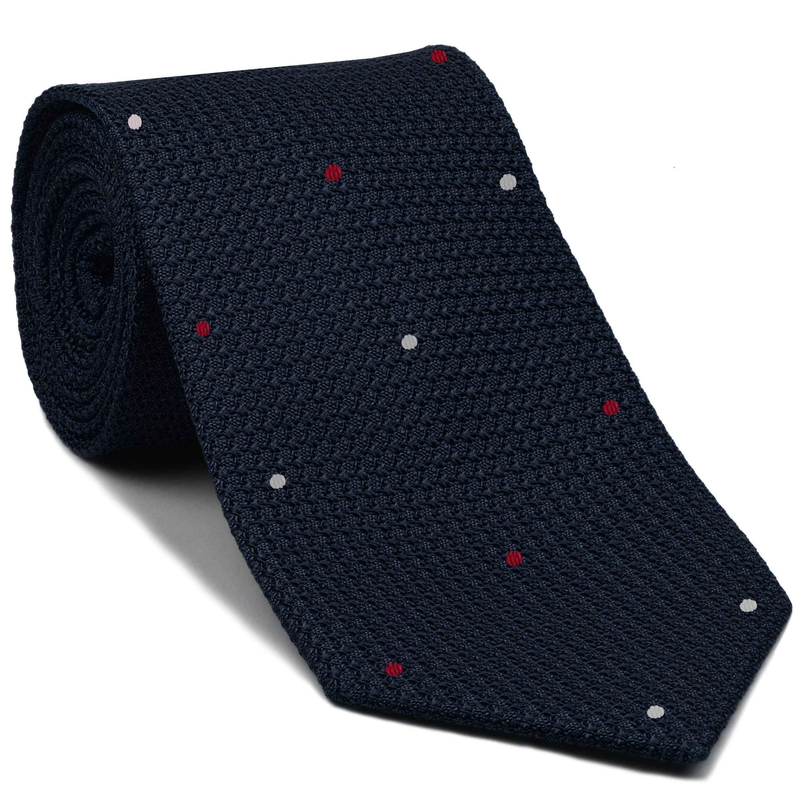 {[en]:Midnight Blue Grenadine Grossa with White & Bright Red (Hand Sewn) Pin Dots Silk Tie