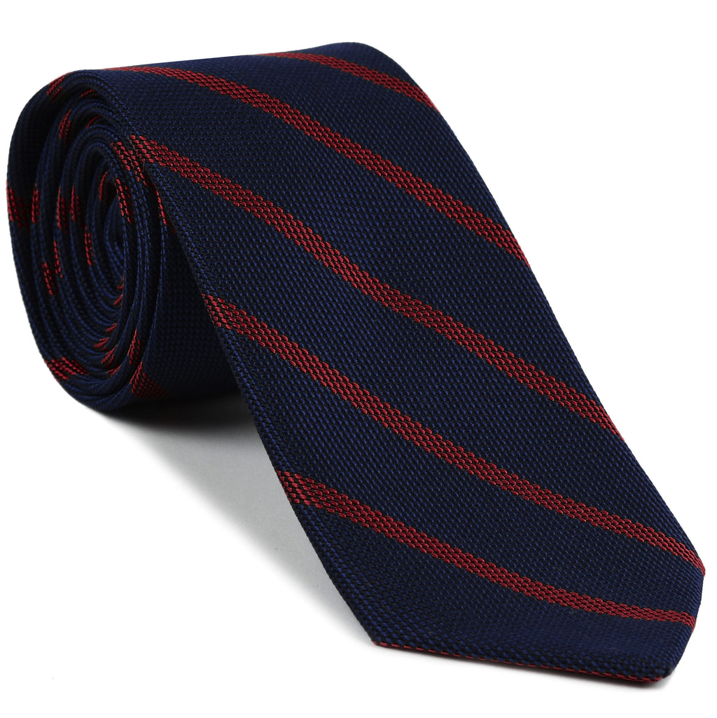 Red on Dark Navy Blue Grenadine Fina Single Stripe Silk Tie GFSBT-1