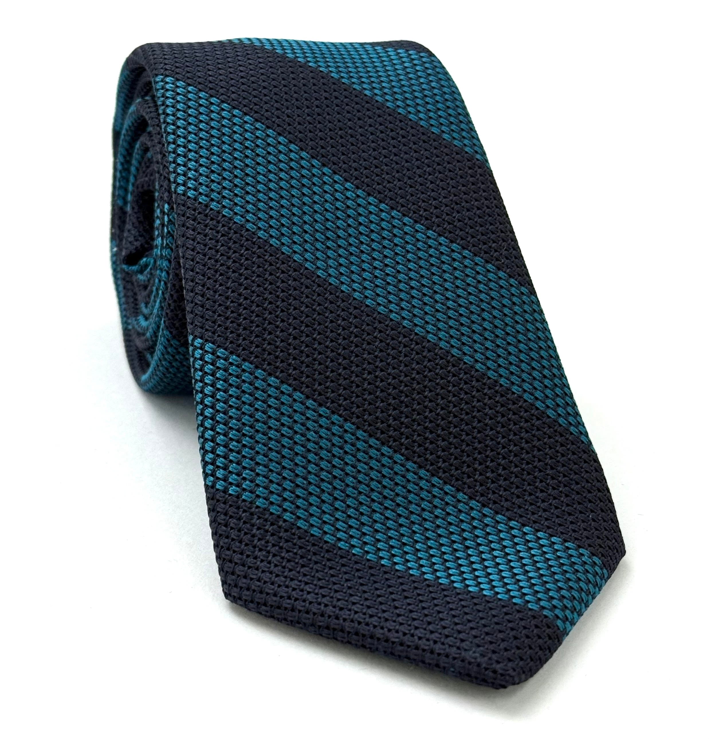 ダークターコイズ＆ミッドナイトブルー グレナディン フィナ ワイドストライプ シルクタイ GFBST-4