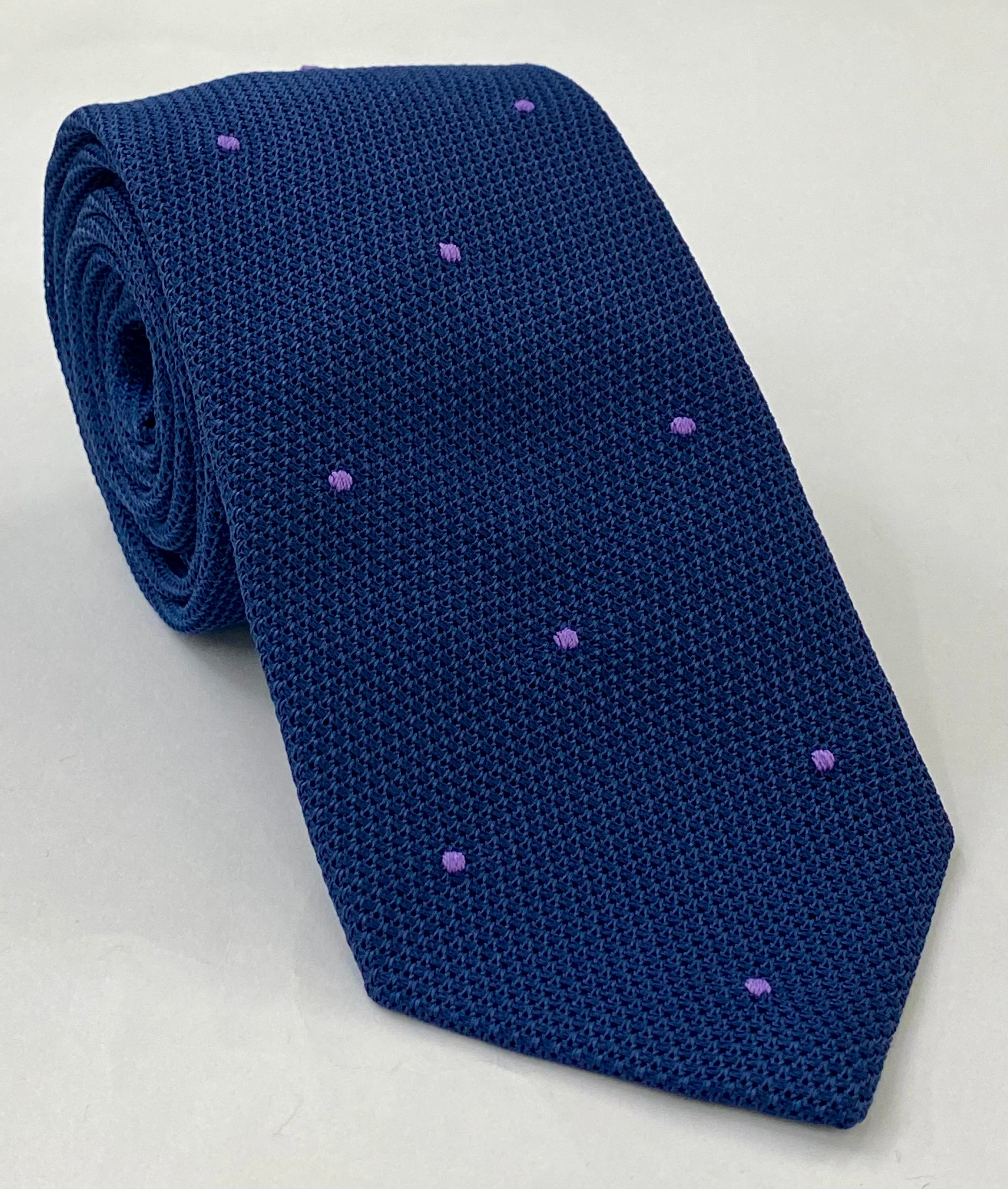 ラベンダー入りソフトネイビーグレナディン フィナ（手縫い）ピンドット シルクタイ #GFDT-11 (14)