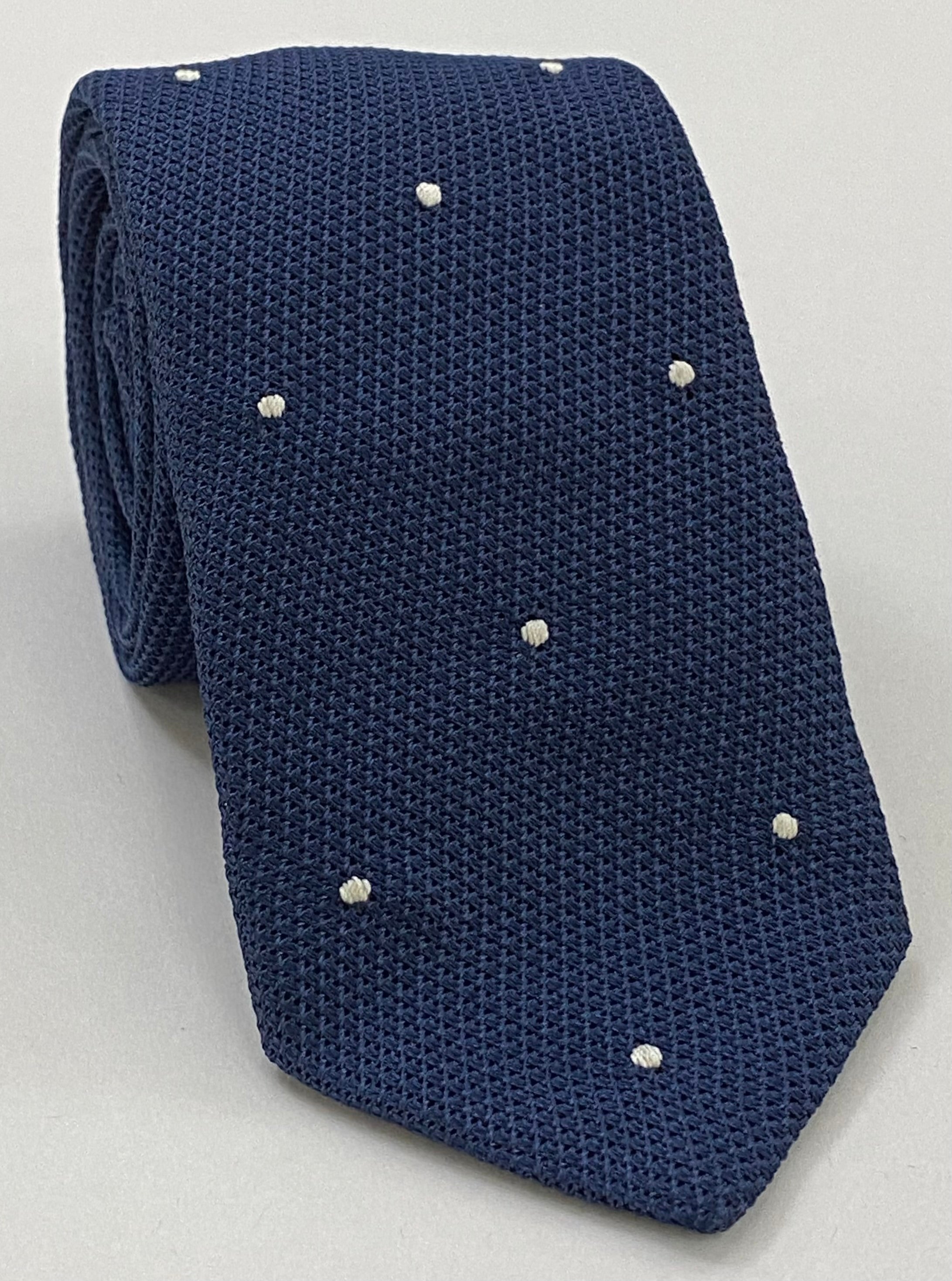 ソフトネイビー グレナディン フィナ（ホワイトのピンドット、手縫い）シルクタイ GFDT-11（1）