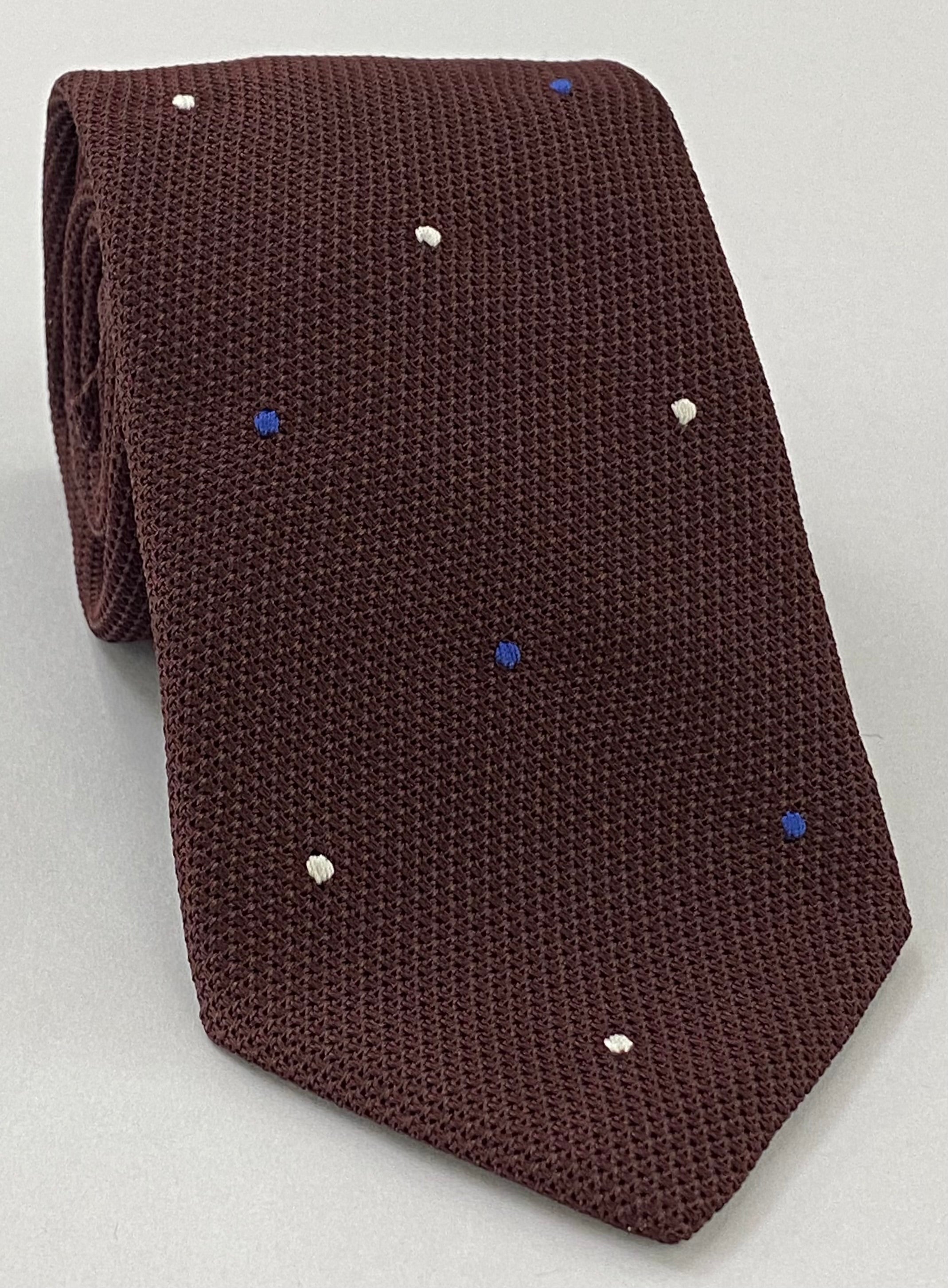 Burgundy Grenadine Fina Silk Tie- Hand Sewn White & Blue Dots Silk Tie GFDT-3 (1,4)