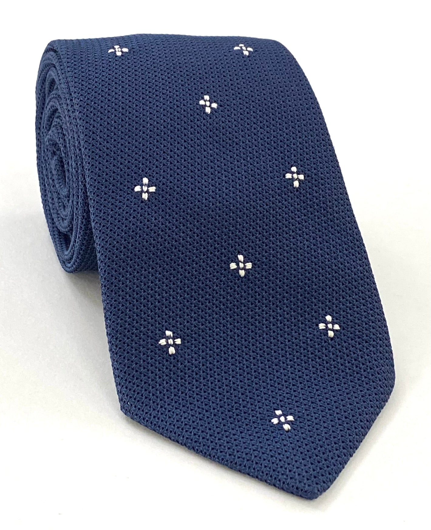 Soft Navy Blue Grenadine Fine White Flower Design Tie GFFLT-11-1