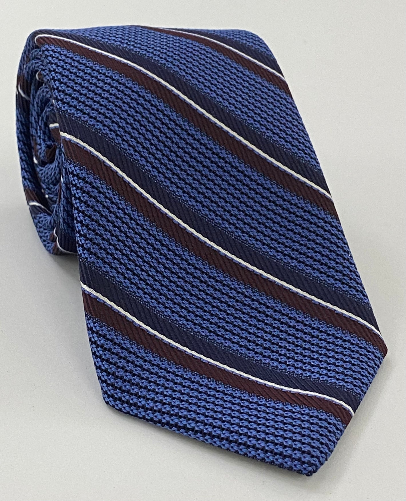 Midnight Blue, Burgundy & White on Purple Blue Grenadine Fina with Satin Stripe Silk Tie GFMST-4