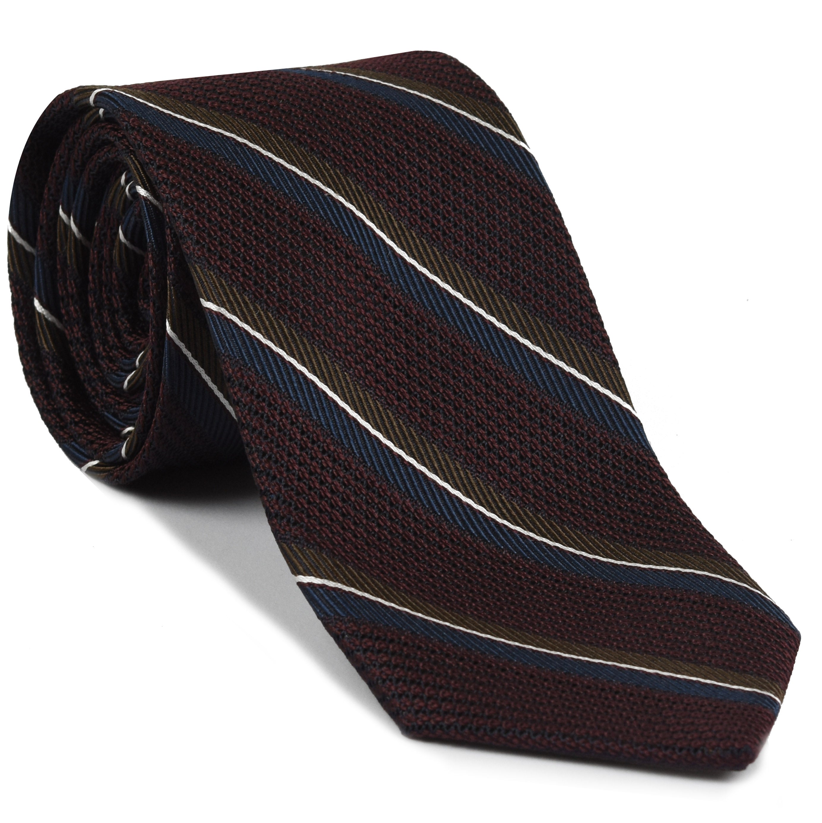 {[en]:Navy Blue, Chocolate & White on Burgundy Grenadine Fina Stripe Silk Tie