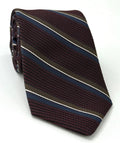 Navy Blue, Chocolate & White on Burgundy Grenadine Fina with Satin Stripe Silk Tie GFMST-5