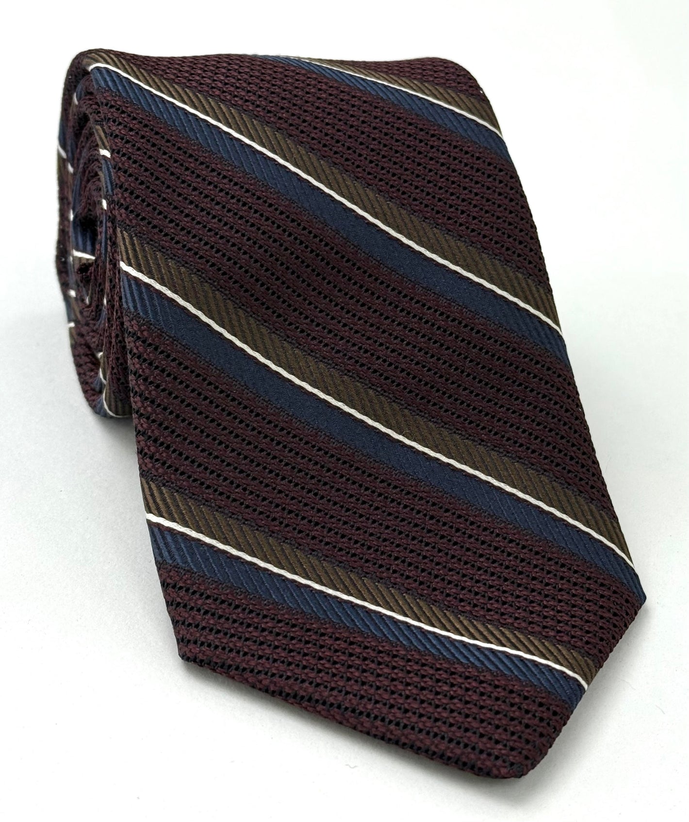 버건디 그레나딘 피나에 새틴 스트라이프 실크 타이 GFMST-5 (네이비 블루, 초콜릿 & 화이트)