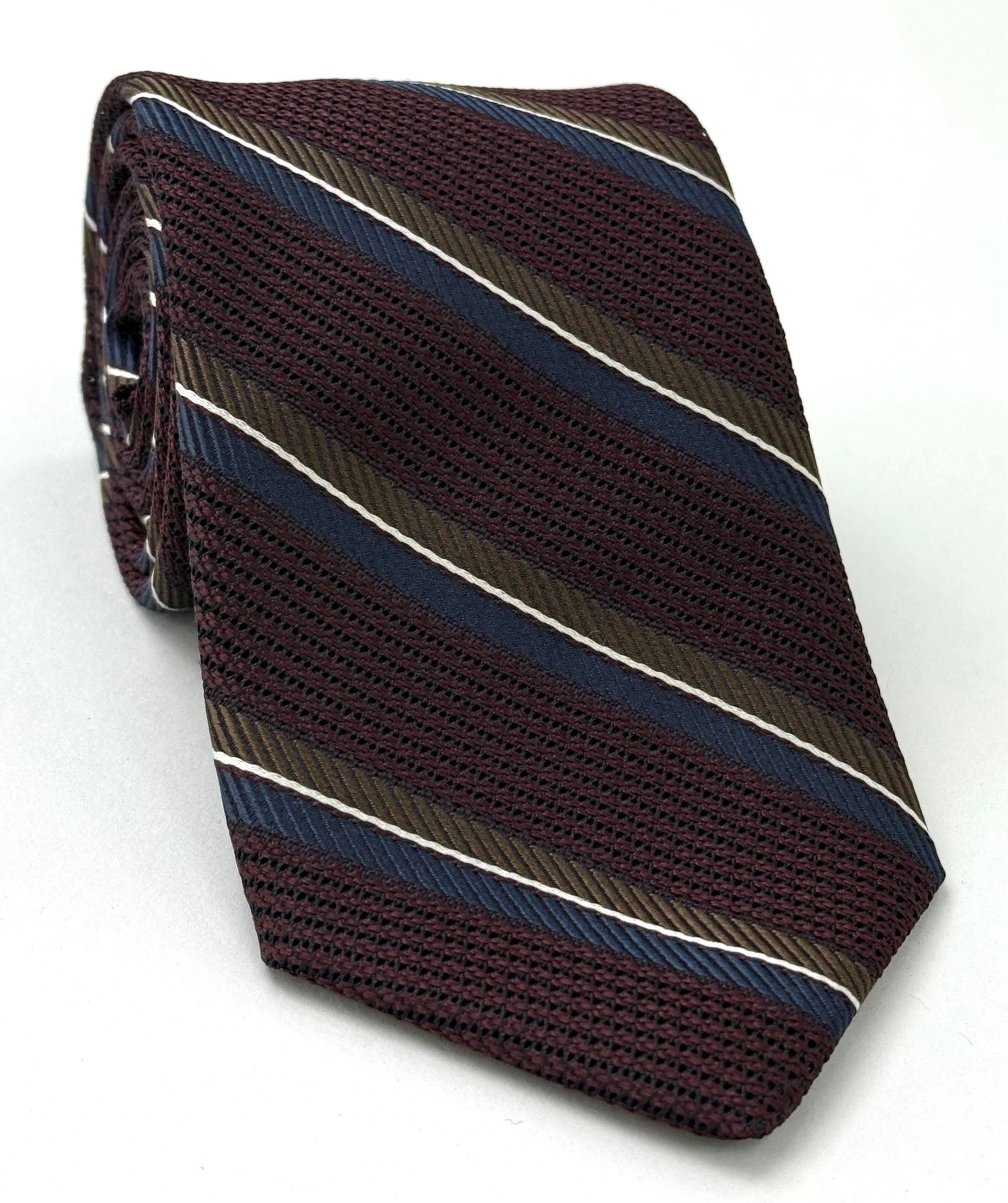 Navy Blue, Chocolate & White on Burgundy Grenadine Fina with Satin Stripe Silk Tie GFMST-5