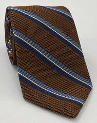 Navy Blue, Slate Blue & White on Chocolate Grenadine Fina with Satin Stripe Silk Tie GFMST-6