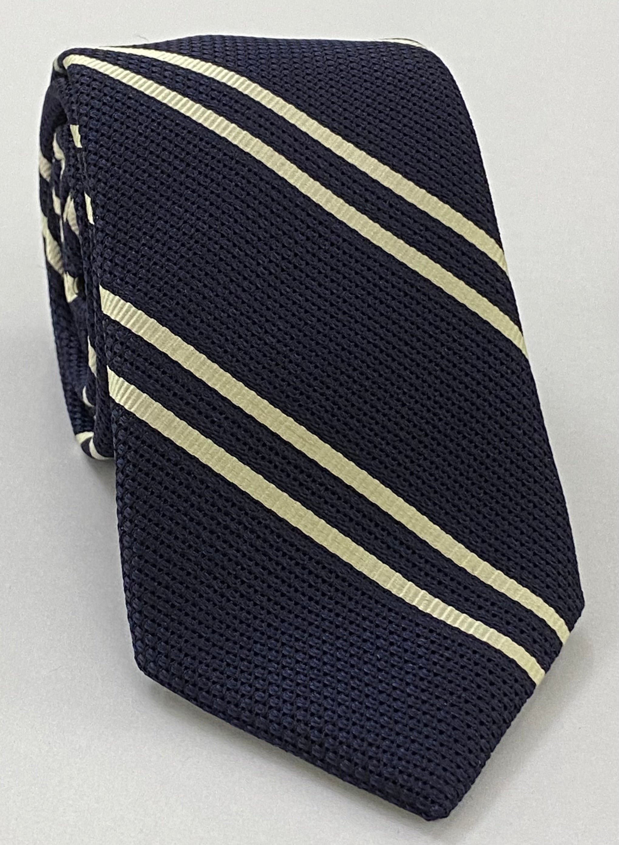 Off-White on Midnight Blue Grenadine Fina Reppe Stripe Silk Tie GFRST-10