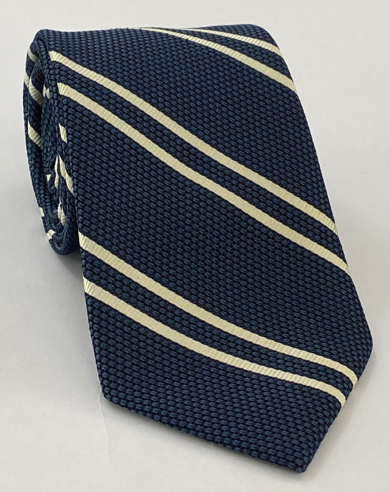 Off-White on Slate Blue Grenadine Fina Reppe Stripe Silk Tie GFRST-11