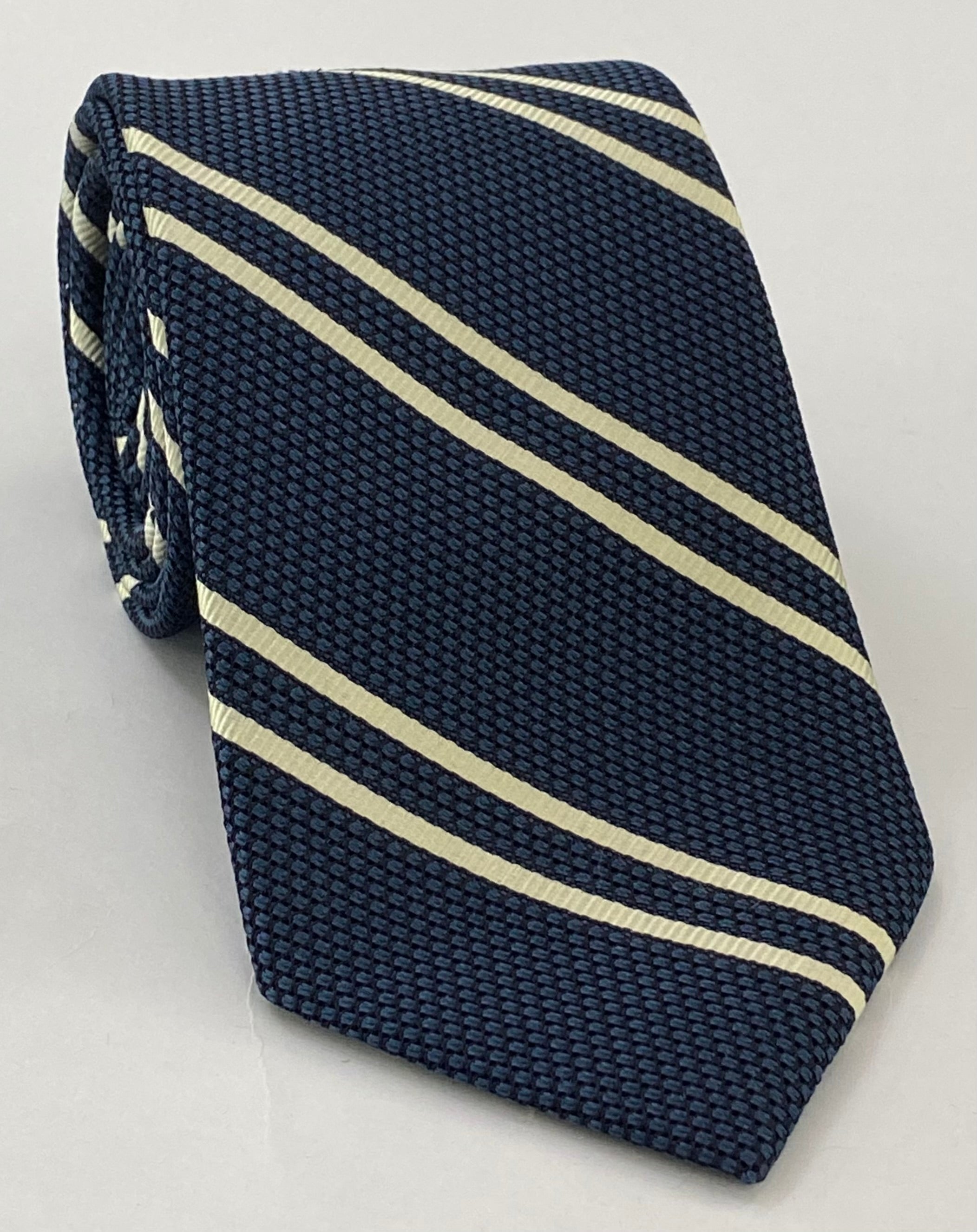Off-White on Slate Blue Grenadine Fina Reppe Stripe Silk Tie GFRST-11