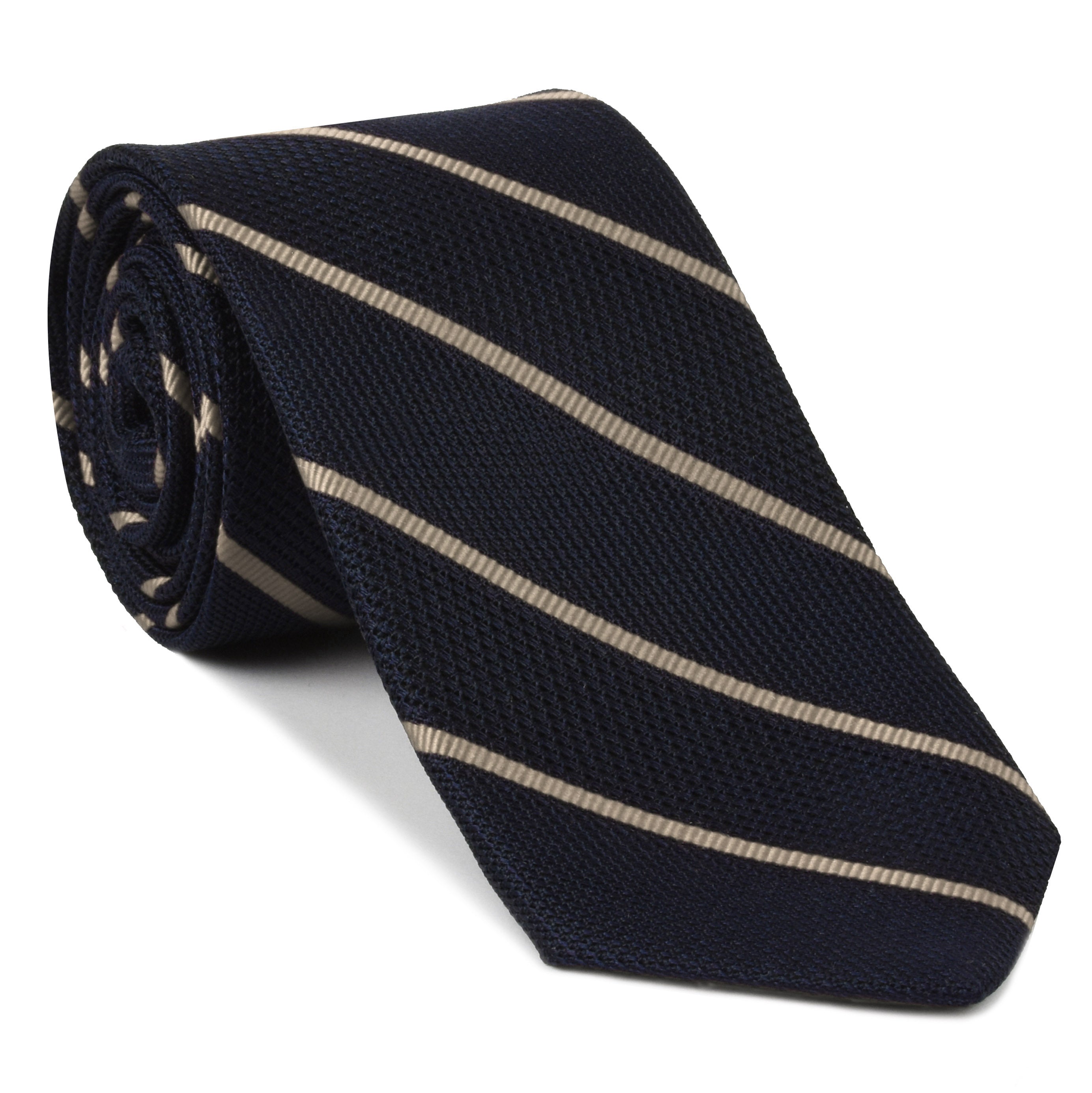 {[en]:Off-White on Midnight Blue Grenadine Fina Reppe Stripe Silk Tie