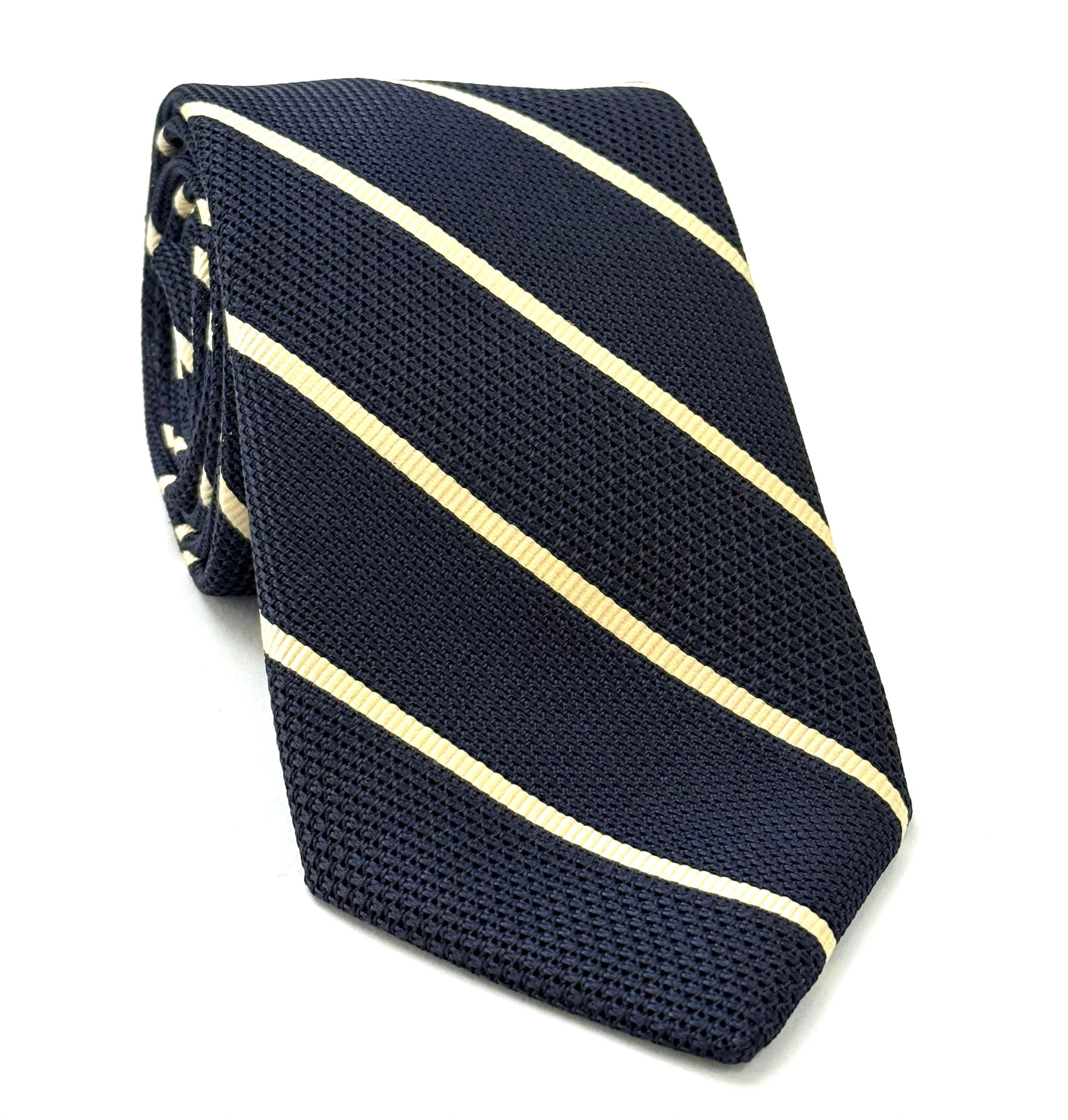 Off-White on Midnight Blue Grenadine Fina Reppe Stripe Silk Tie GFRST-2