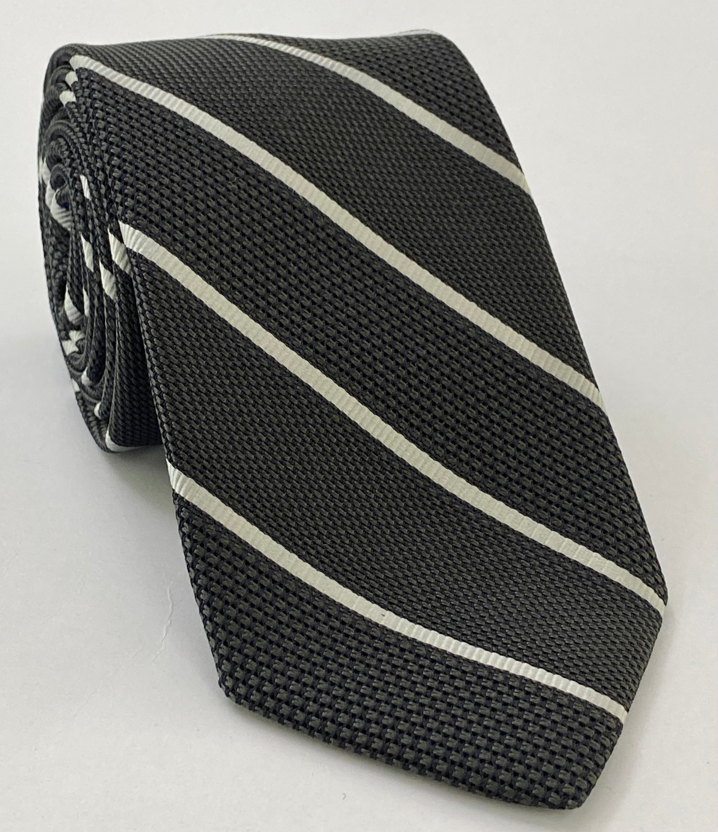Silver on Charcoal Gray  Grenadine Fina Reppe Stripe Silk Tie GFRST-8
