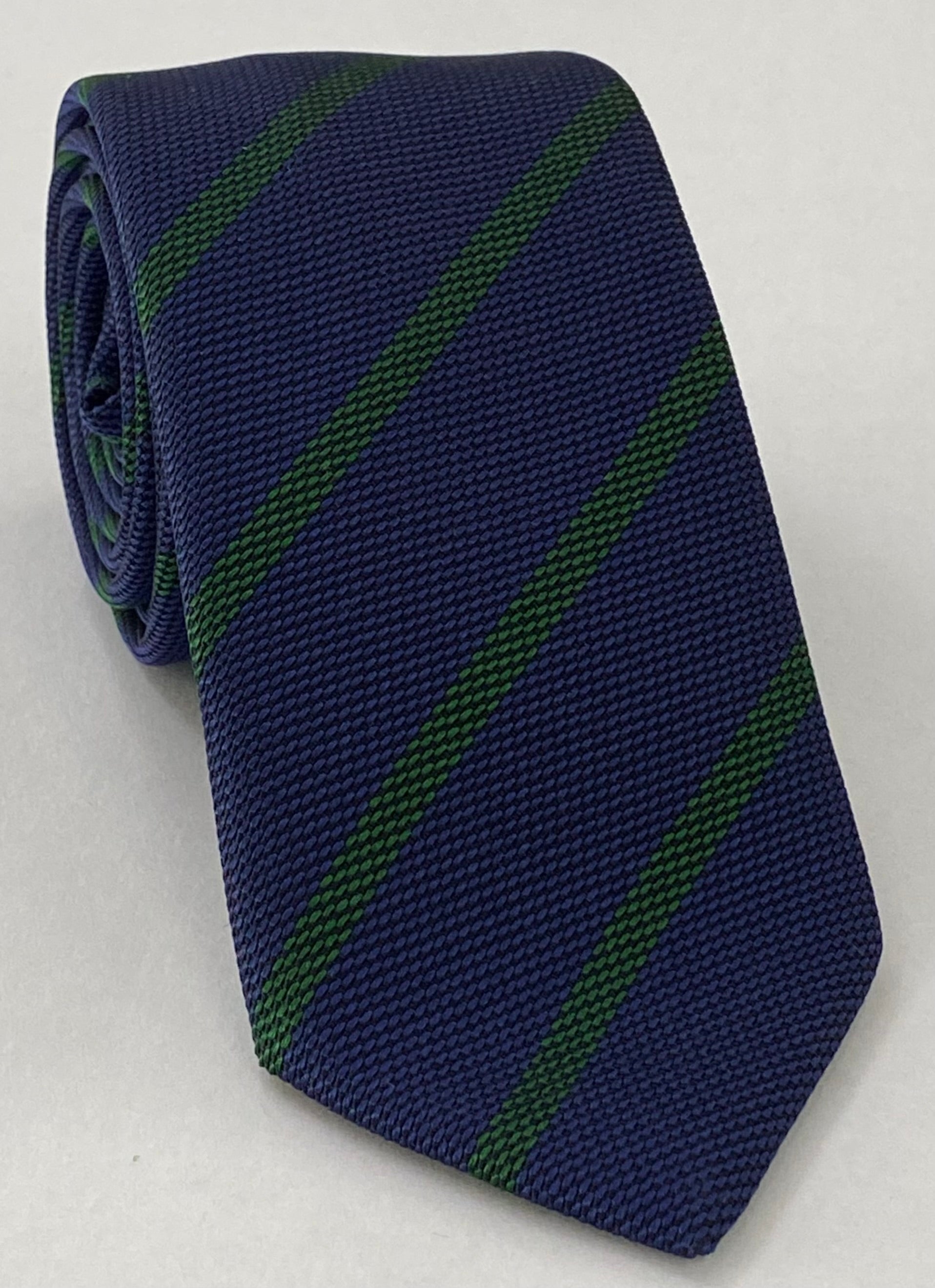 Forest Green on Dark Navy Blue Grenadine Fina Single Stripe Silk Tie GFSBT-4