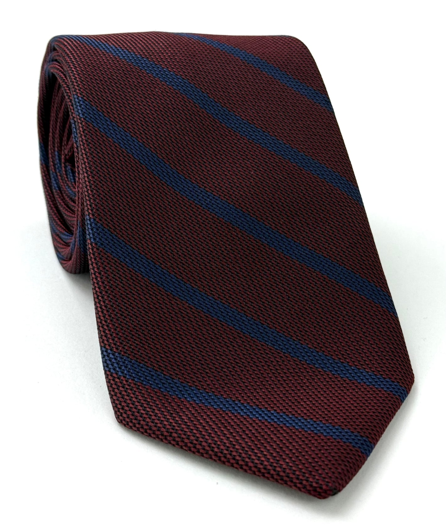 Blue on Burgundy Grenadine Fina Single Stripe Silk Tie GFSBT-5