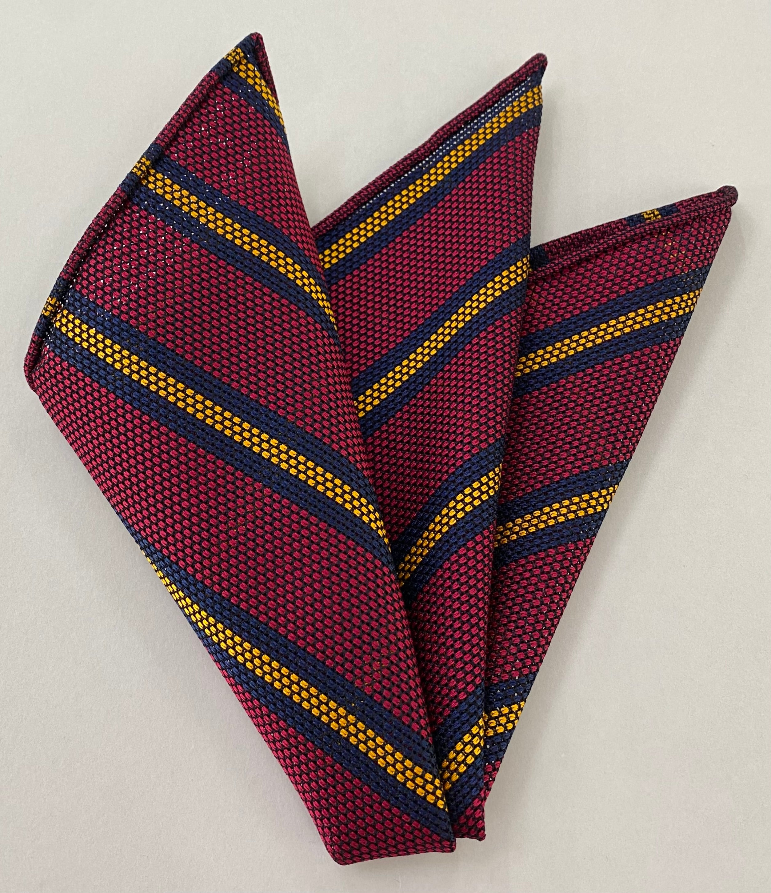 Navy Blue & Yellow Gold on Red Grenadine Fina Stripe Silk Pocket Square #GFSCP-7