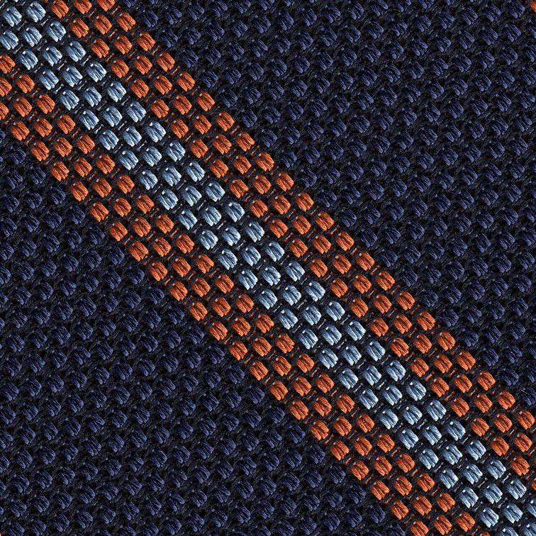 {[en]:Mandarin & Sky Blue on Dark Navy Blue Grenadine Fina Stripe Silk Pocket Square