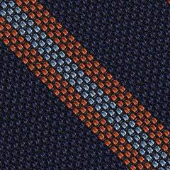 {[en]:Mandarin & Sky Blue on Dark Navy Blue Grenadine Fina Stripe Silk Pocket Square