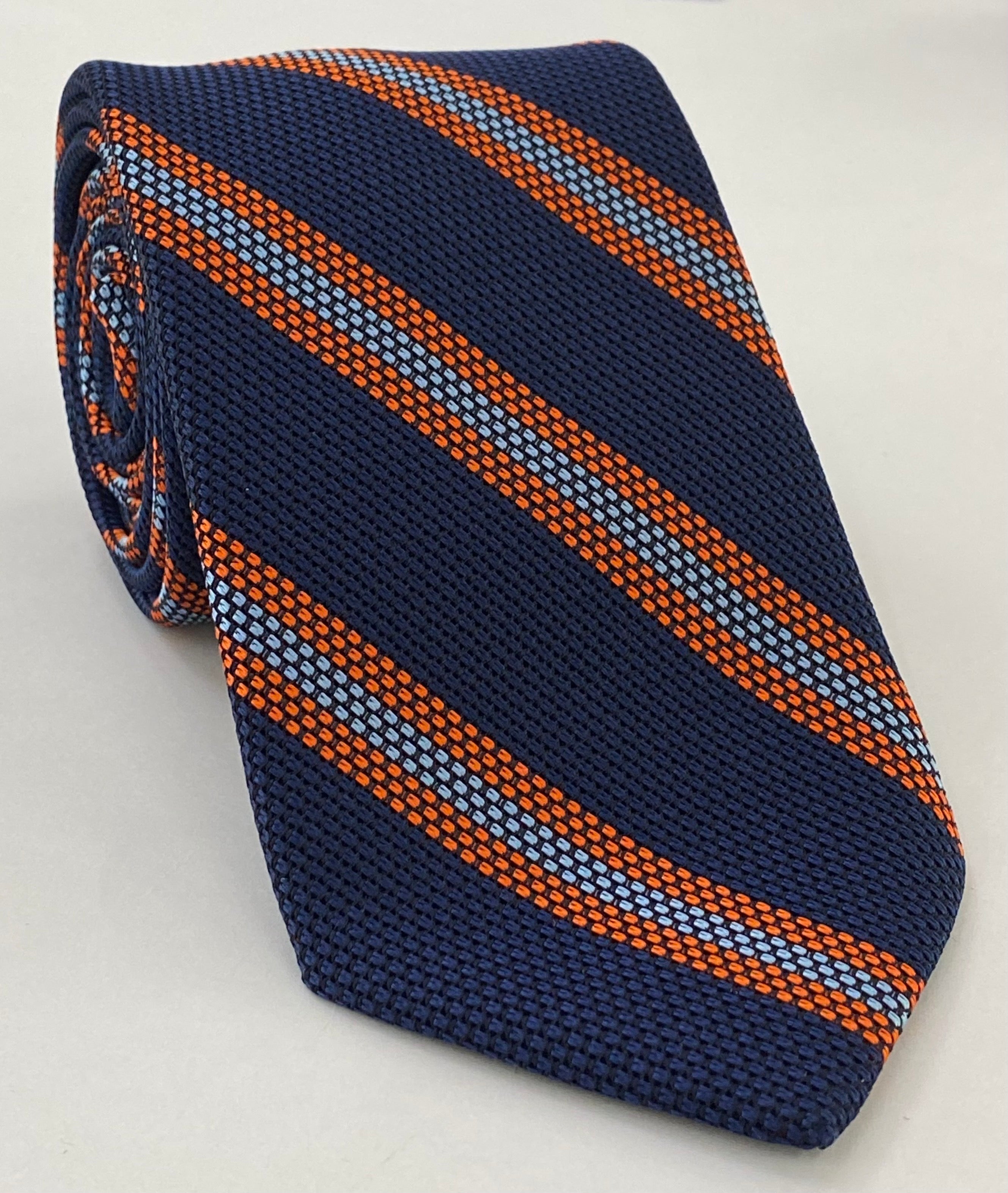 Mandarin & Sky Blue on Dark Navy Blue Grenadine Fina Triple Stripe Silk Tie GFSCT-1