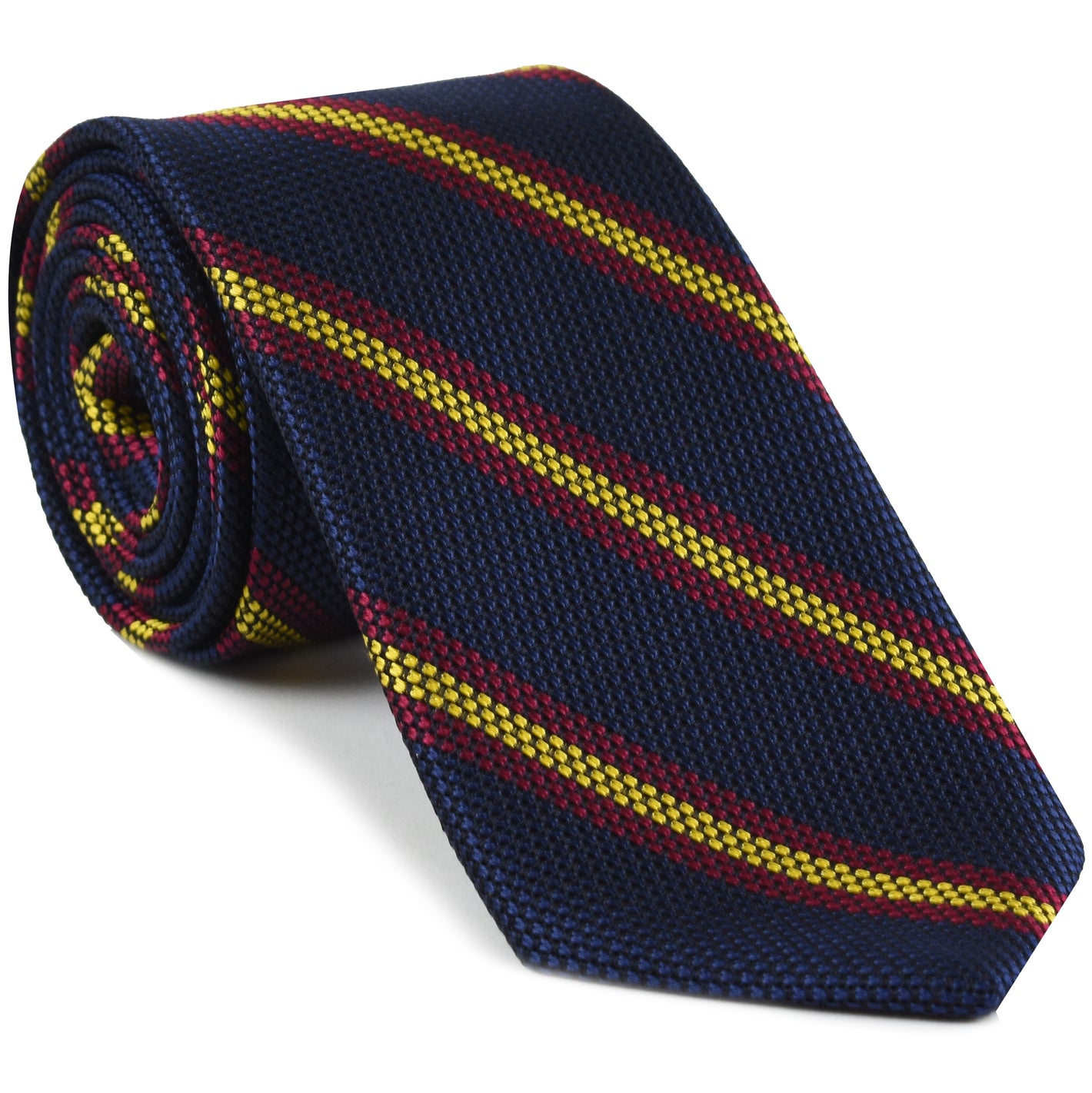 {[en]:Dark fuchsia & Yellow on Dark Navy Blue Grenadine Fina Stripe Silk Tie