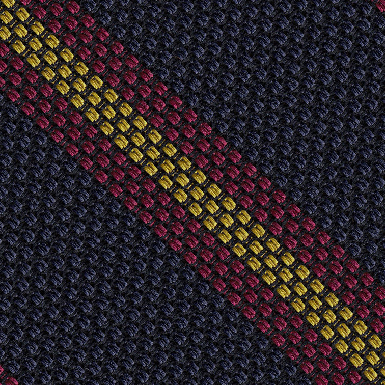 {[en]:Dark fuchsia & Yellow on Dark Navy Blue Grenadine Fina Stripe Silk Tie