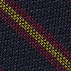 {[en]:Dark fuchsia & Yellow on Dark Navy Blue Grenadine Fina Stripe Silk Tie