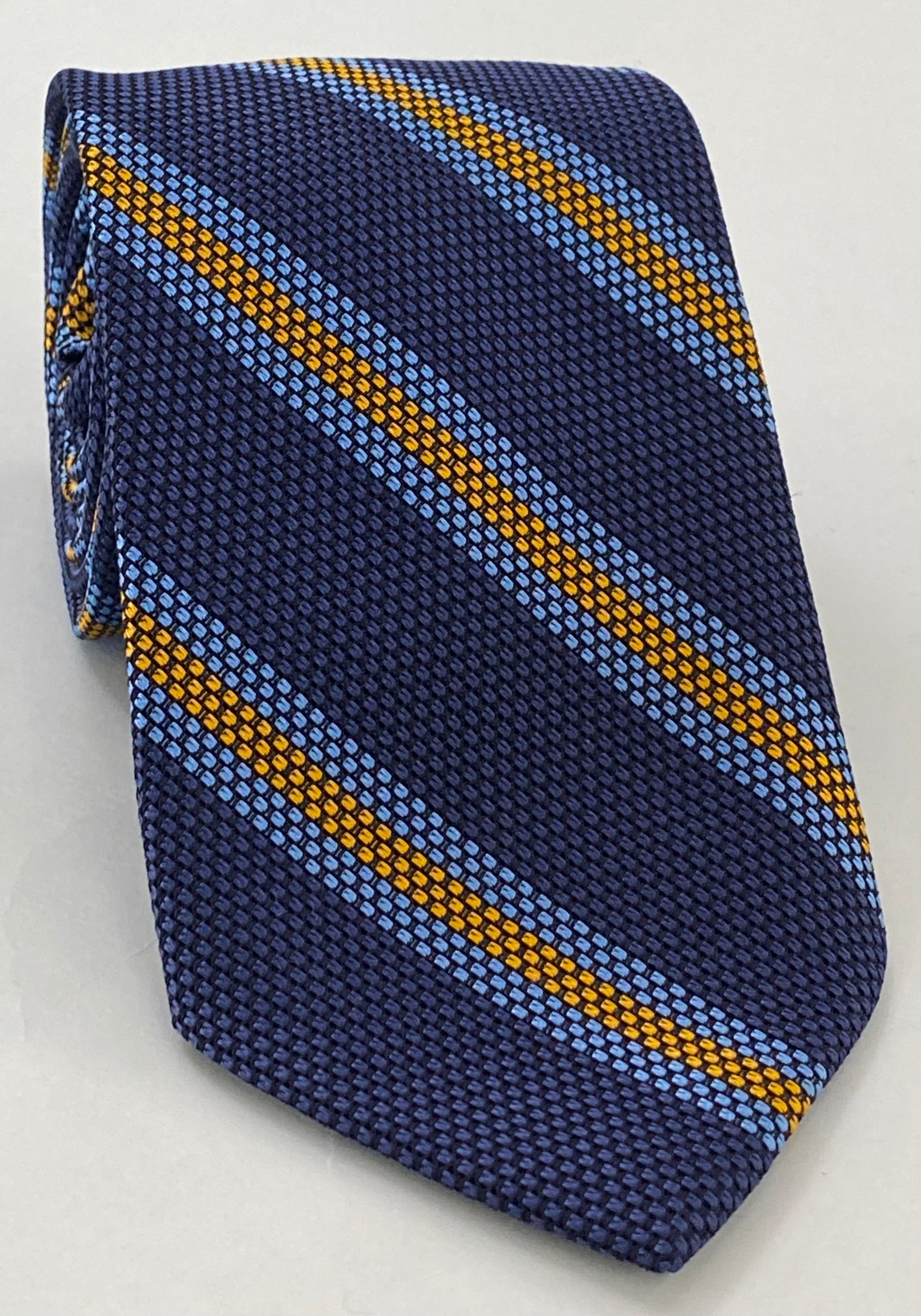 Sky Blue & Yellow Gold on Navy Blue Grenadine Fina Triple Stripe Silk Tie GFSCT-3