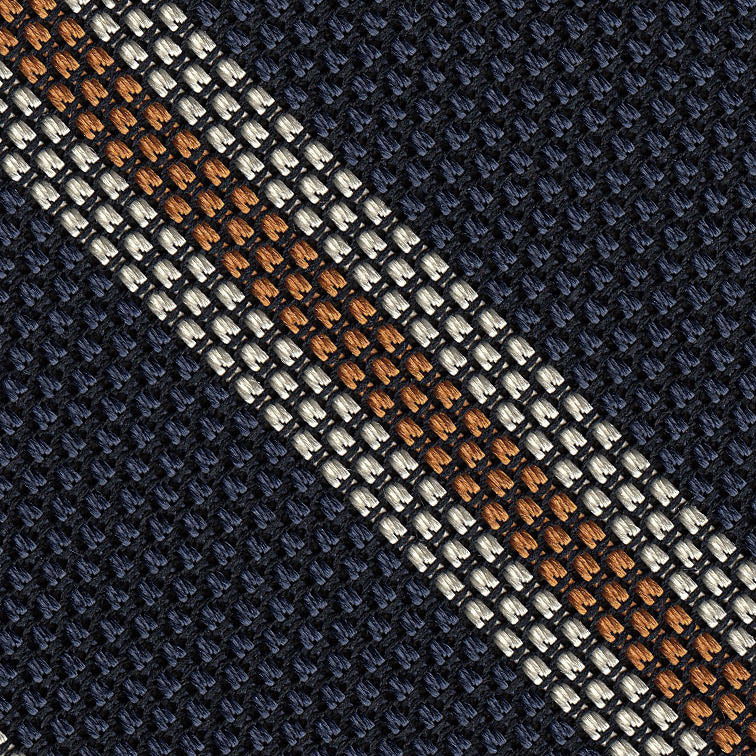{[en]:Off-White & Orange on Dark Navy Blue Grenadine Fina Stripe Silk Pocket Square