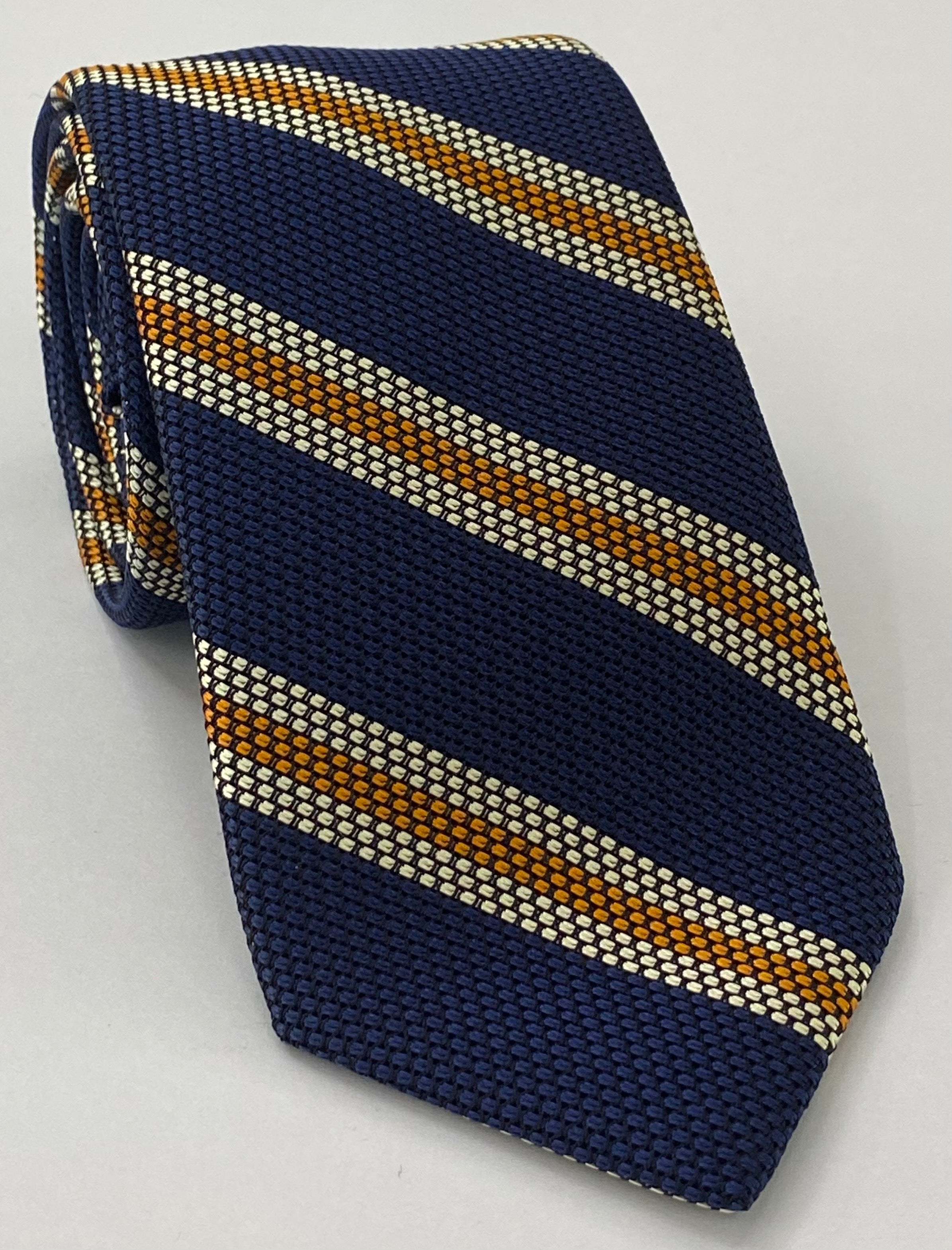 Off-White & Orange on Dark Navy Blue Grenadine Fina Triple Stripe Silk Tie GFSCT-4