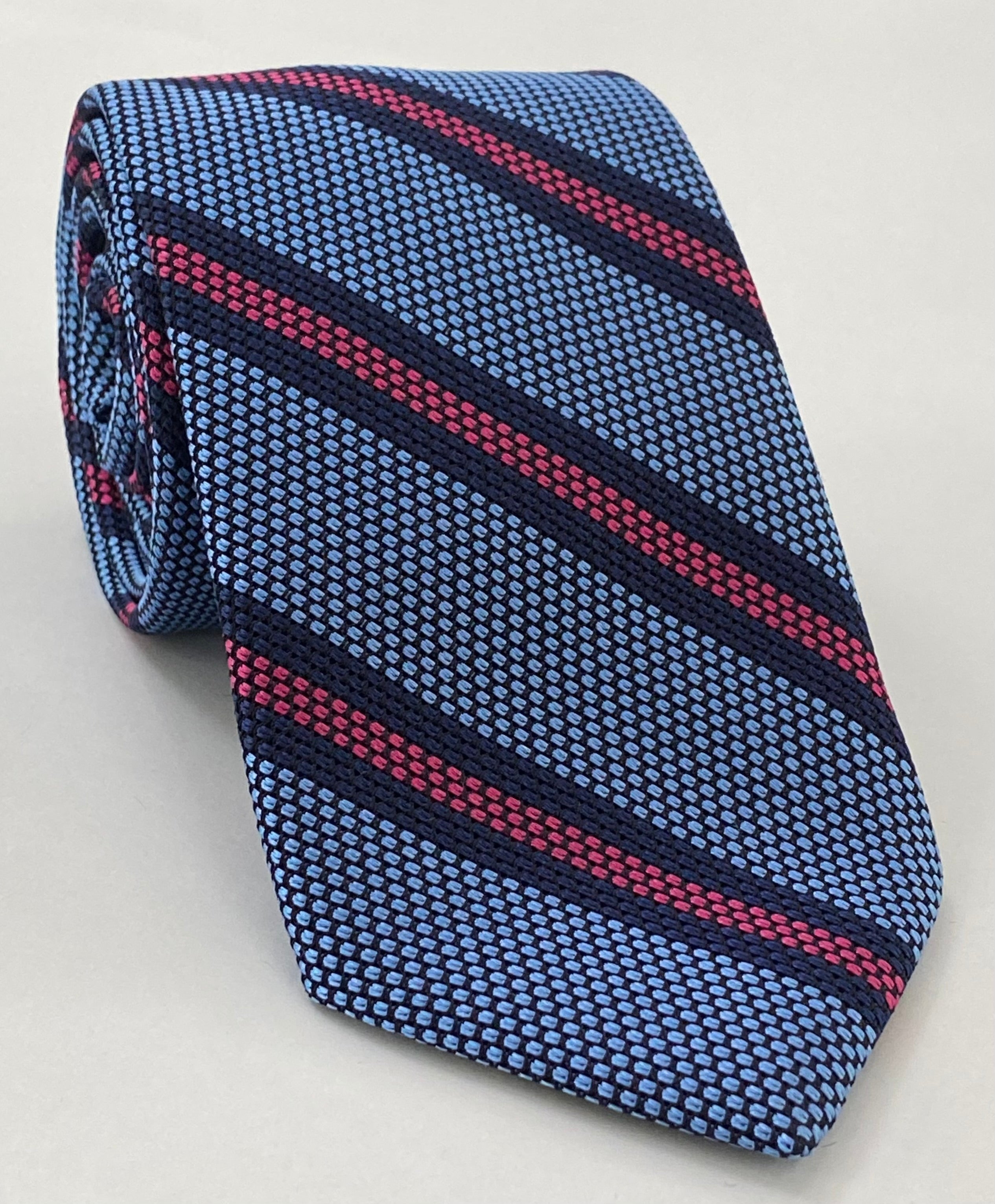 Dark Navy & Dark Pink on Sky Blue Grenadine Fina Triple Stripe Silk Tie GFSCT-5