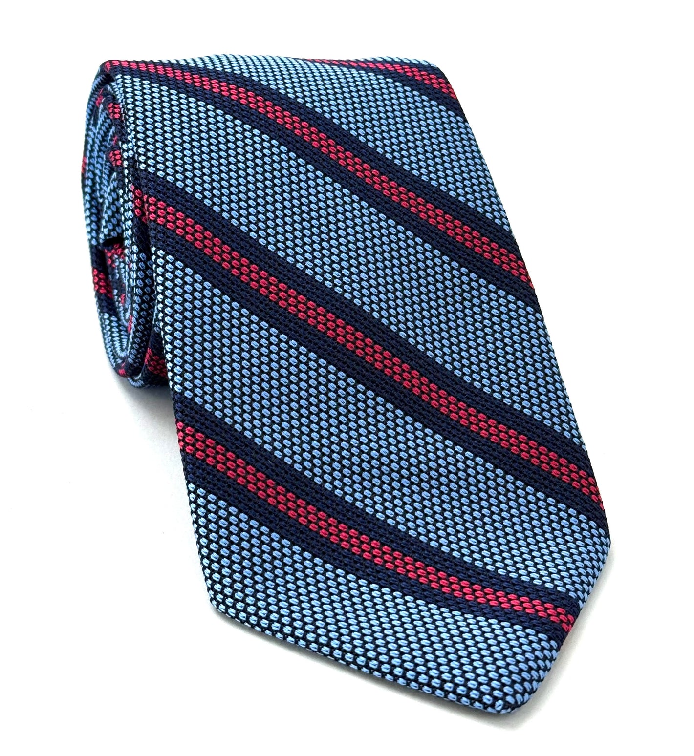 스카이 블루 그레나딘 피나 트리플 스트라이프 실크 타이 (다크 네이비 & 다크 핑크) GFSCT-5