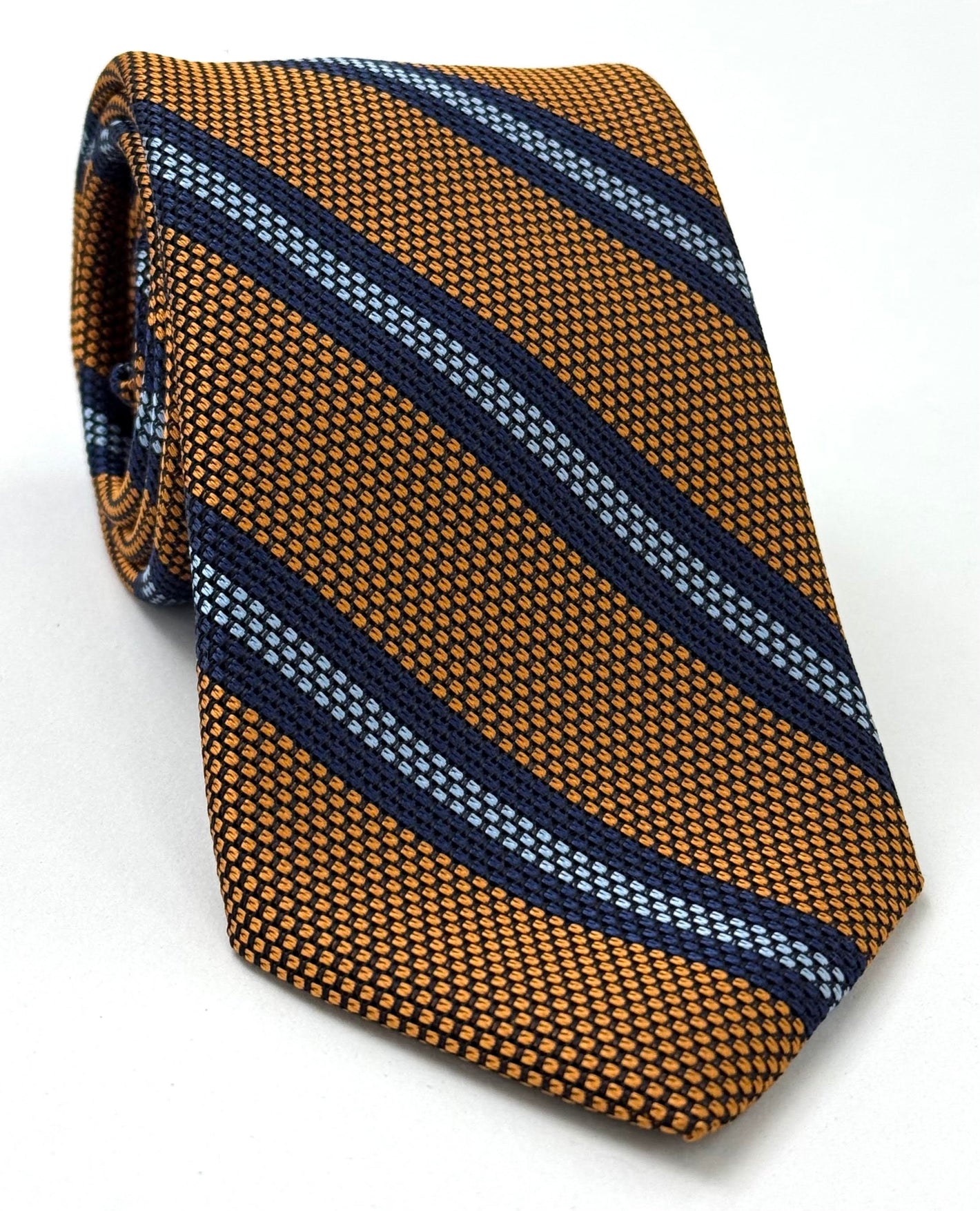 Navy Blue & Sky Blue on Burnt Orange Grenadine Fina Triple Stripe Silk Tie GFSCT-6