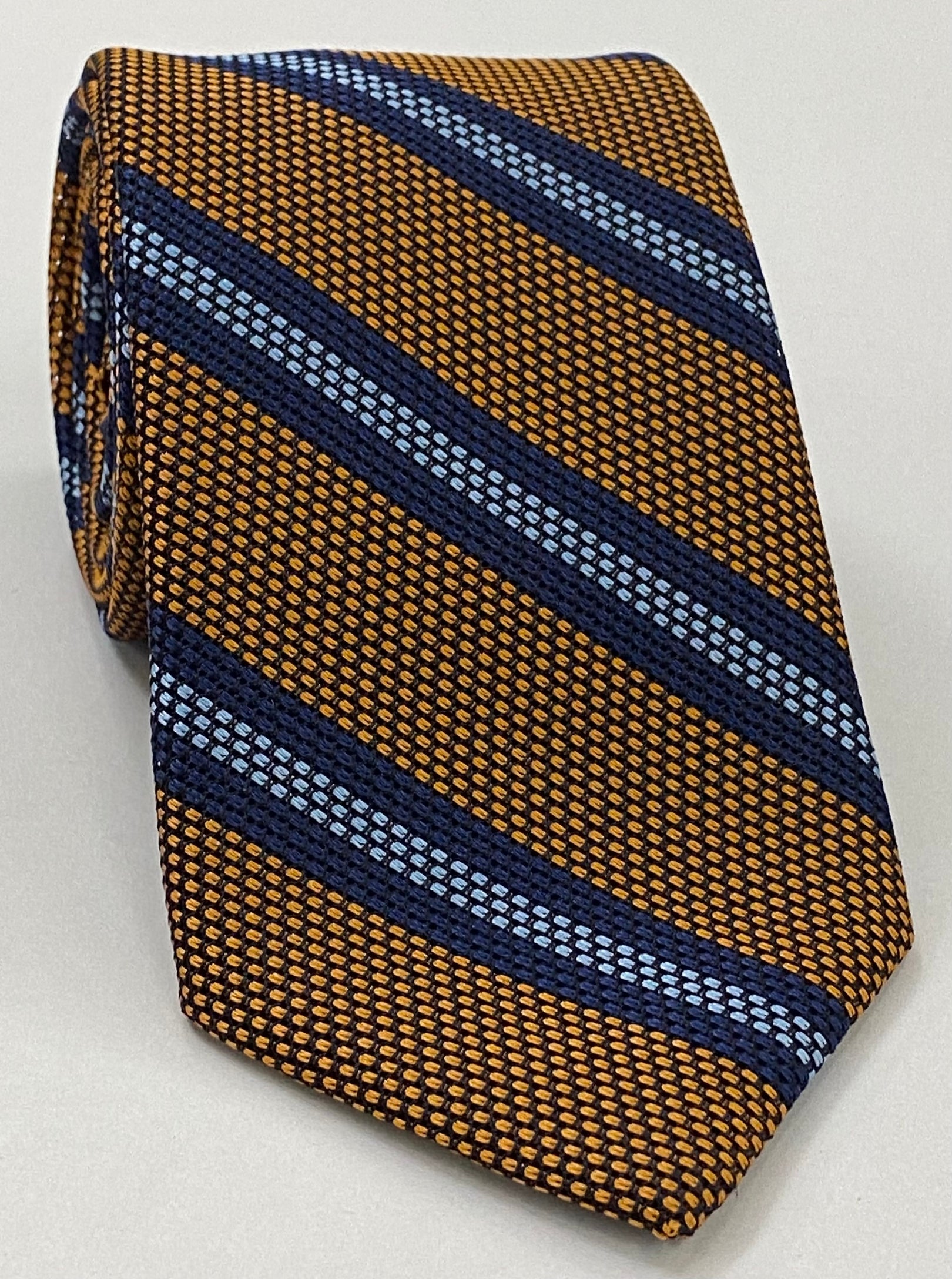 Navy Blue & Sky Blue on Burnt Orange Grenadine Fina Triple Stripe Silk Tie GFSCT-6