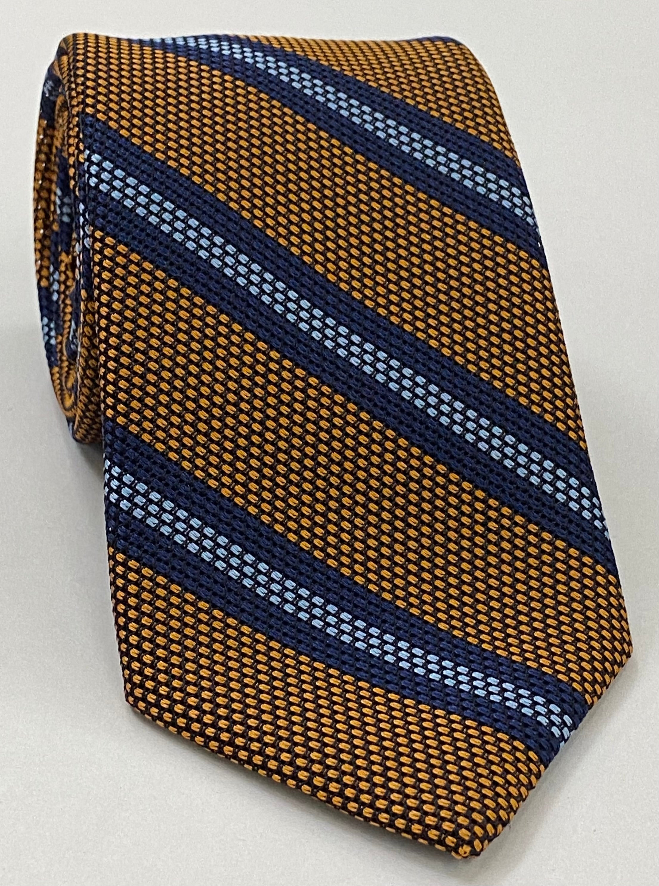 Navy Blue & Sky Blue on Burnt Orange Grenadine Fina Triple Stripe Silk Tie GFSCT-6