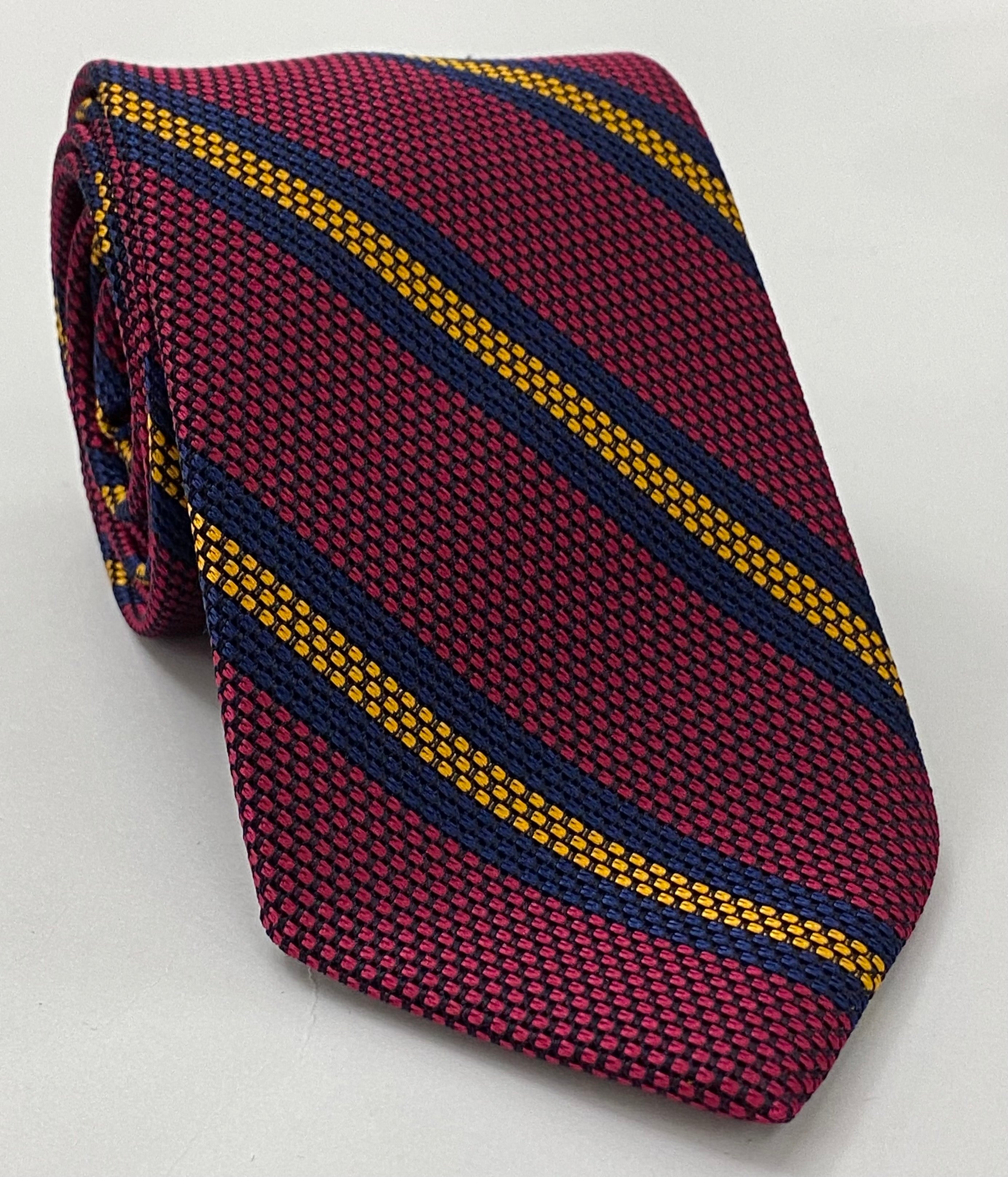 Navy Blue & Yellow Gold on Red Grenadine Fina Triple Stripe Silk Tie GFSCT-7