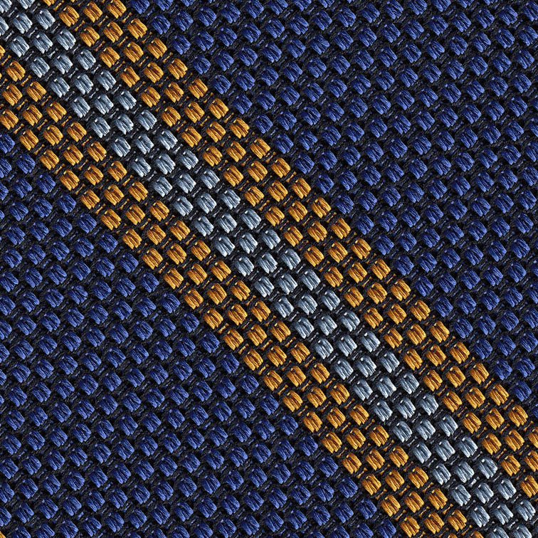 {[en]:Yellow Gold & Sky Blue on Purple Blue Grenadine Fina Stripe Silk Pocket Square