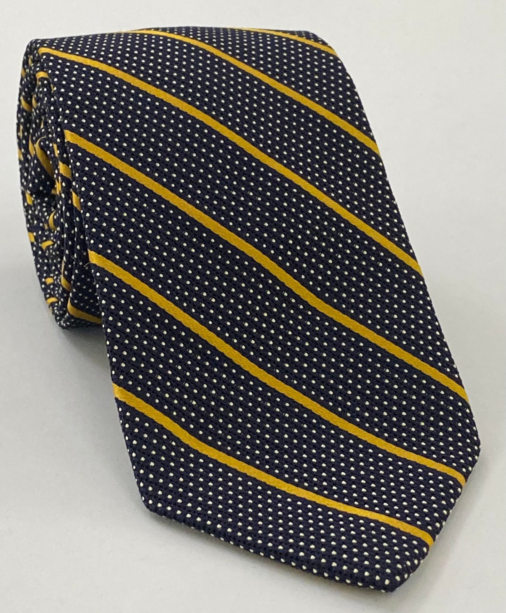 Yellow Gold & Off White On Midnight Blue Grenadine Fina Stripe Silk Tie 2