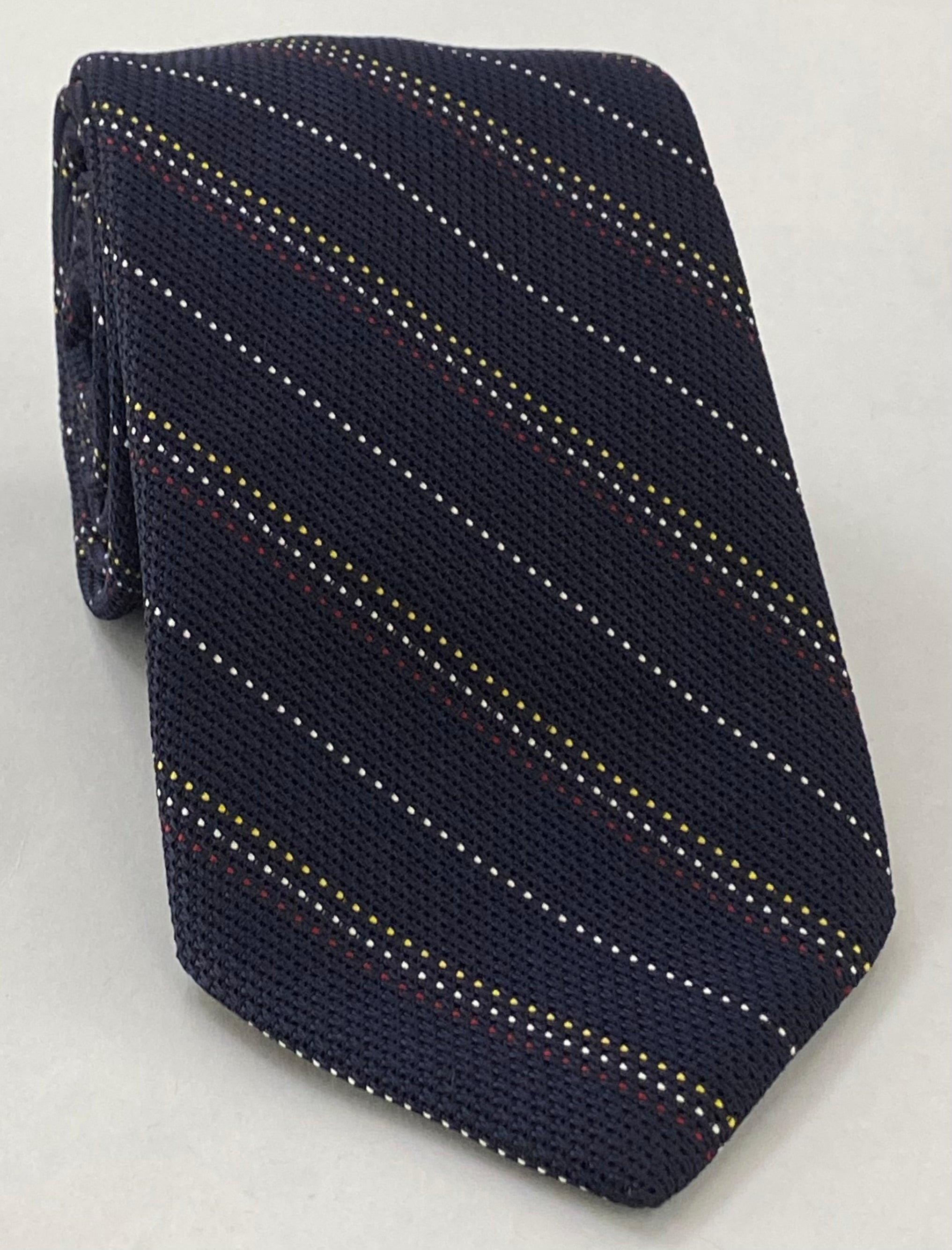 Red, Yellow Gold & White On Midnight Blue Grenadine Fina Stripe Silk Tie 3