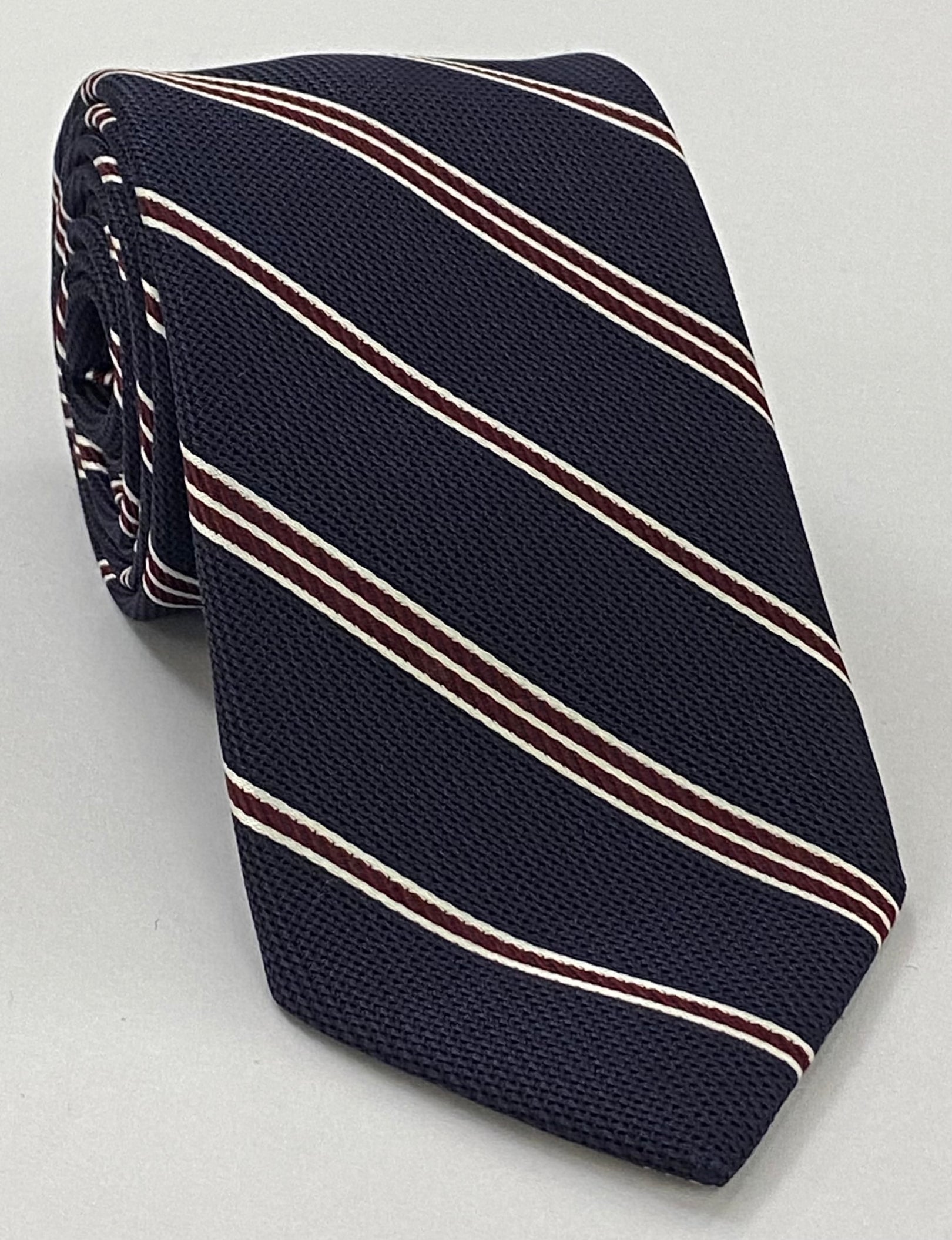 Dark Red & White On Midnight Blue Grenadine Fina Stripe Silk Tie 4