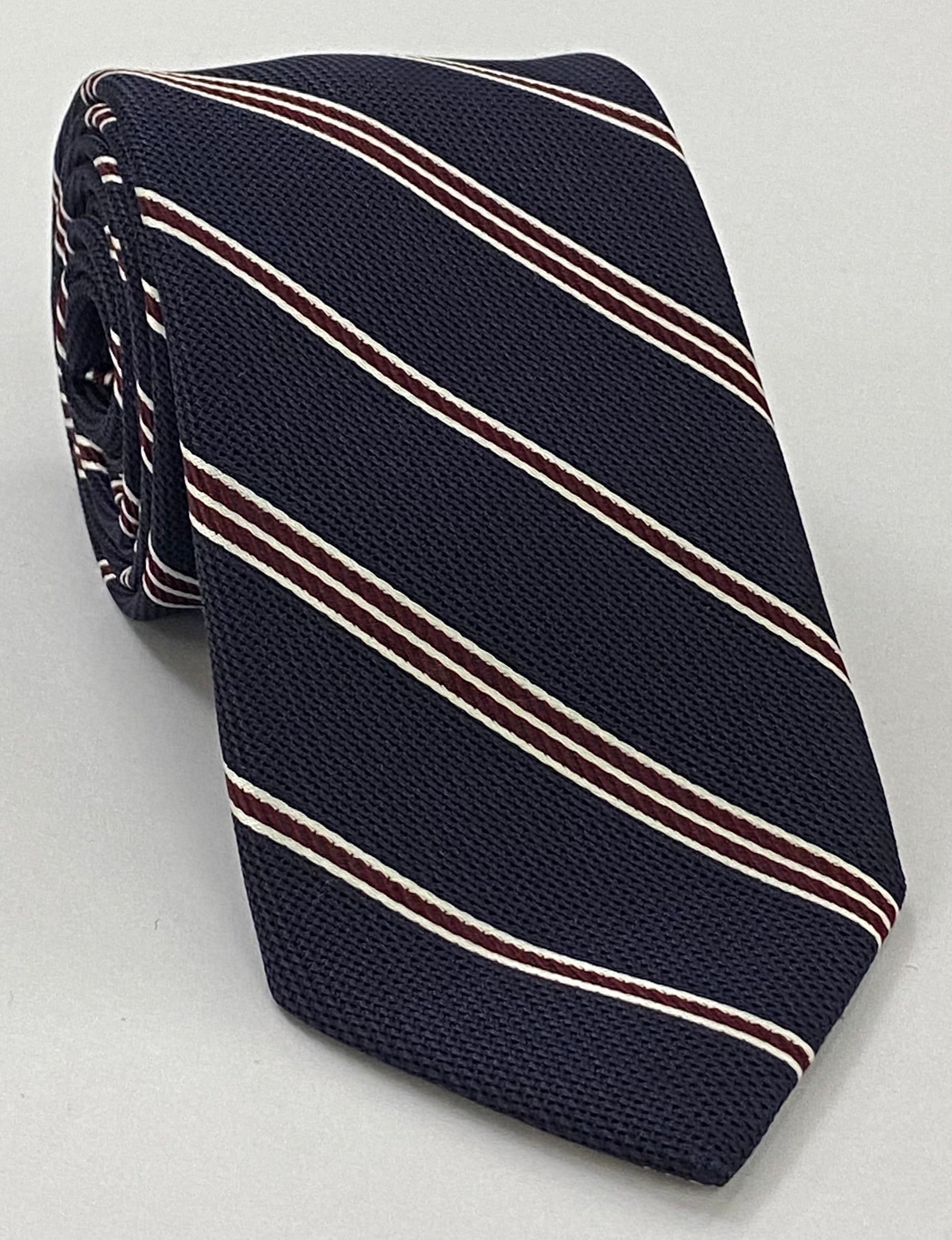Dark Red & White On Midnight Blue Grenadine Fina Stripe Silk Tie 4