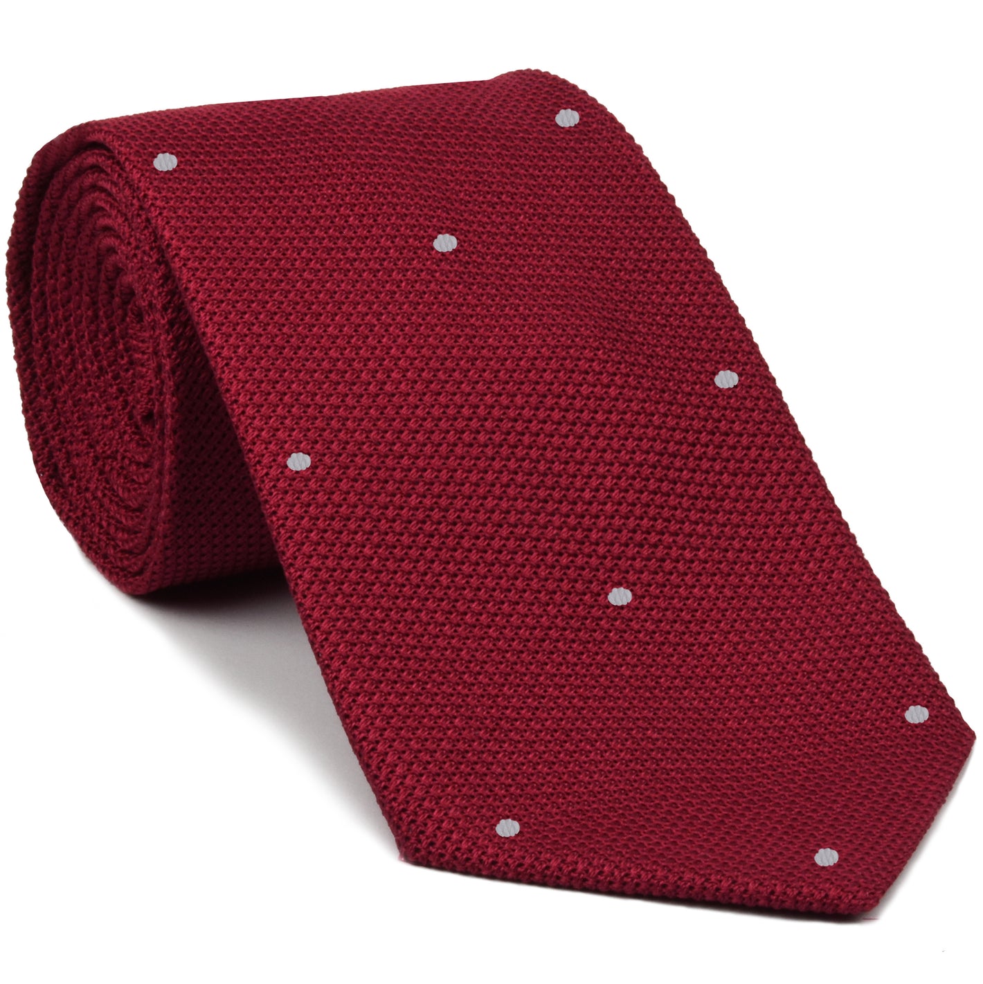 {[en]:Red Grenadine Fina with Silver (Hand Sewn) Pin Dots Silk Tie