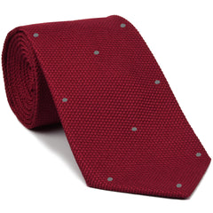 {[en]:Red Grenadine Fina with Silver Gray (Hand Sewn) Pin Dots Silk Tie