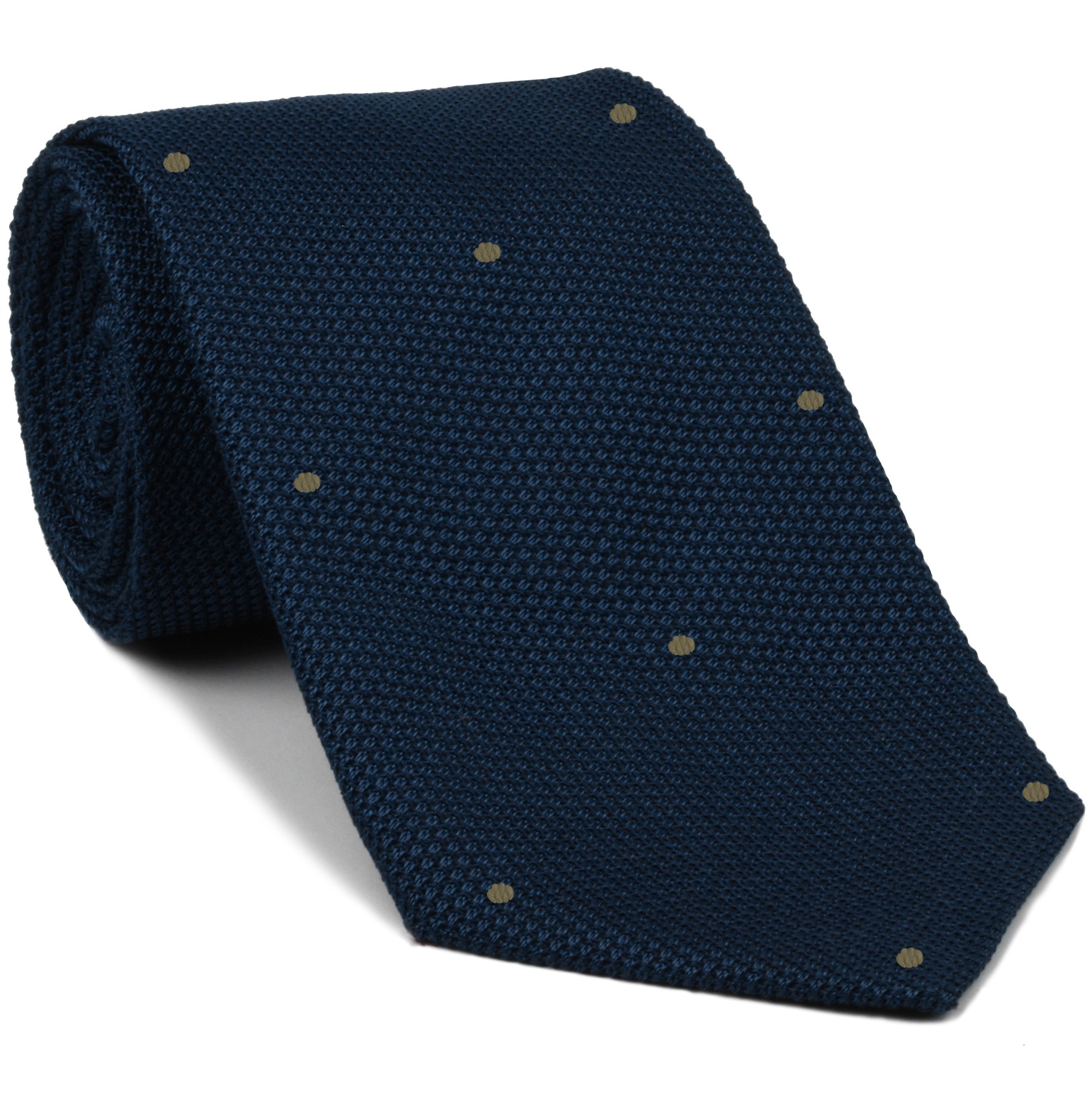 {[en]:Soft Navy Grenadine Fina with Brown / Silver (Hand Sewn) Pin Dots Silk Tie