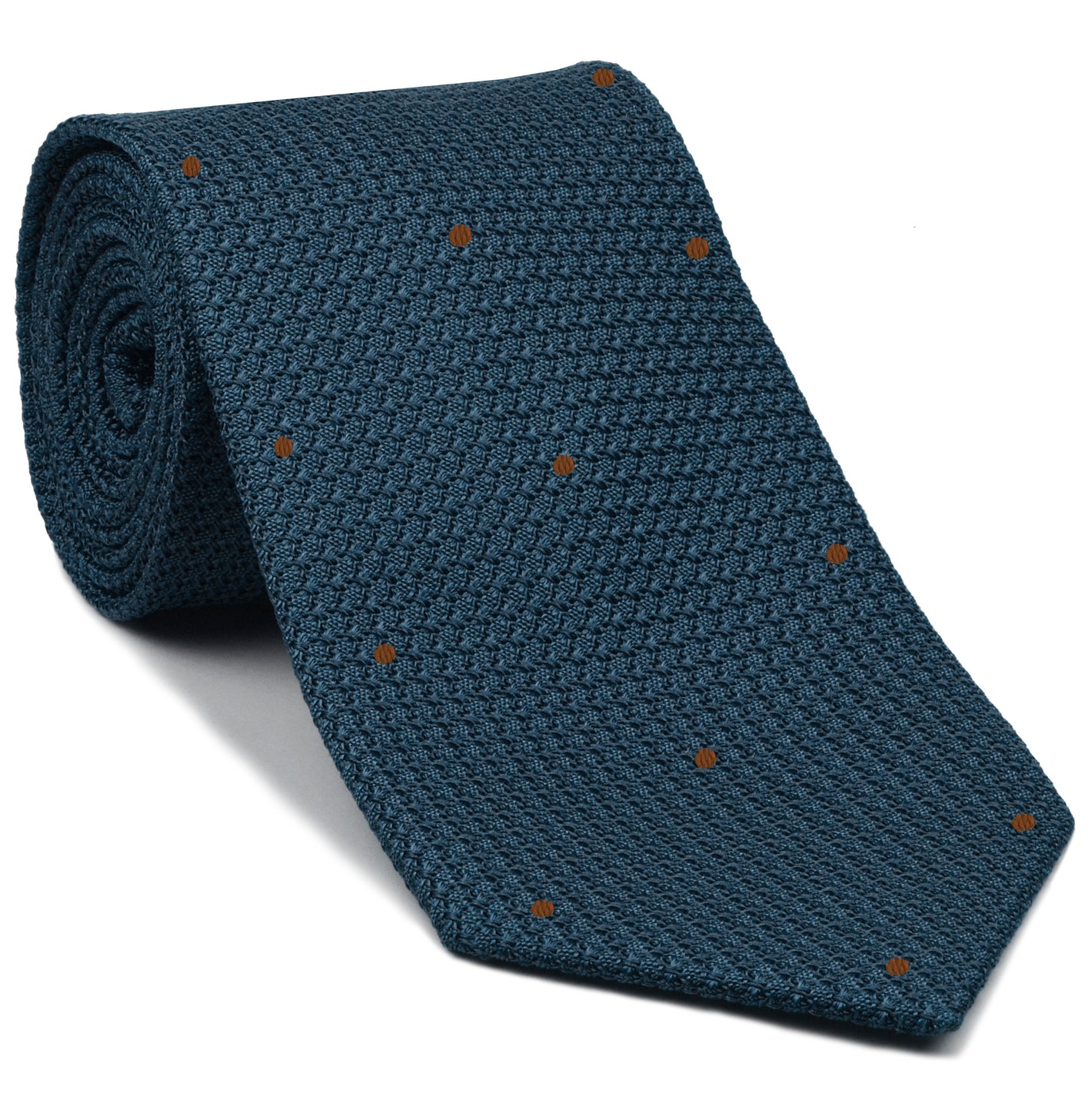 {[en]:Slate Blue Blue Grenadine Grossa with  Brown (Hand Sewn) Pin Dots Silk Tie