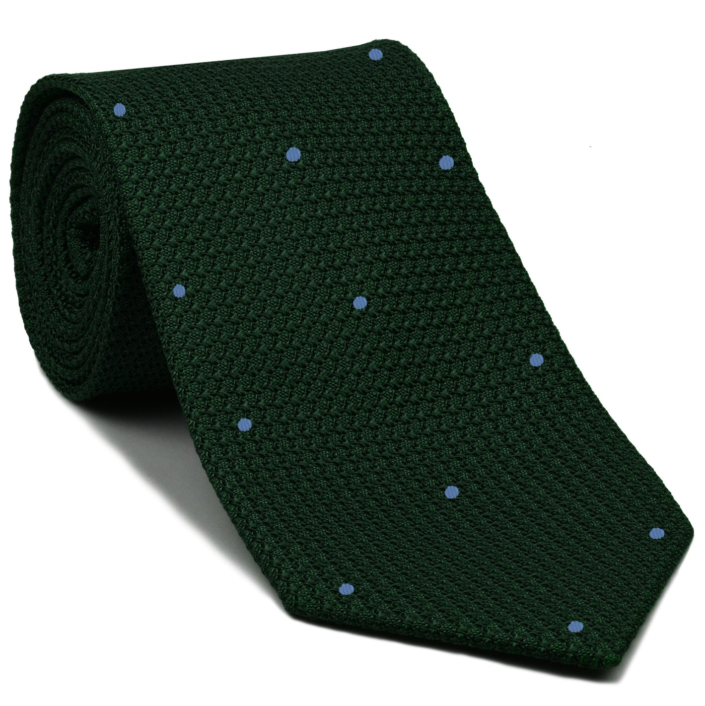 {[en]:Forest Green Grenadine Grossa with Sky Blue (Hand Sewn) Pin Dots Silk Tie