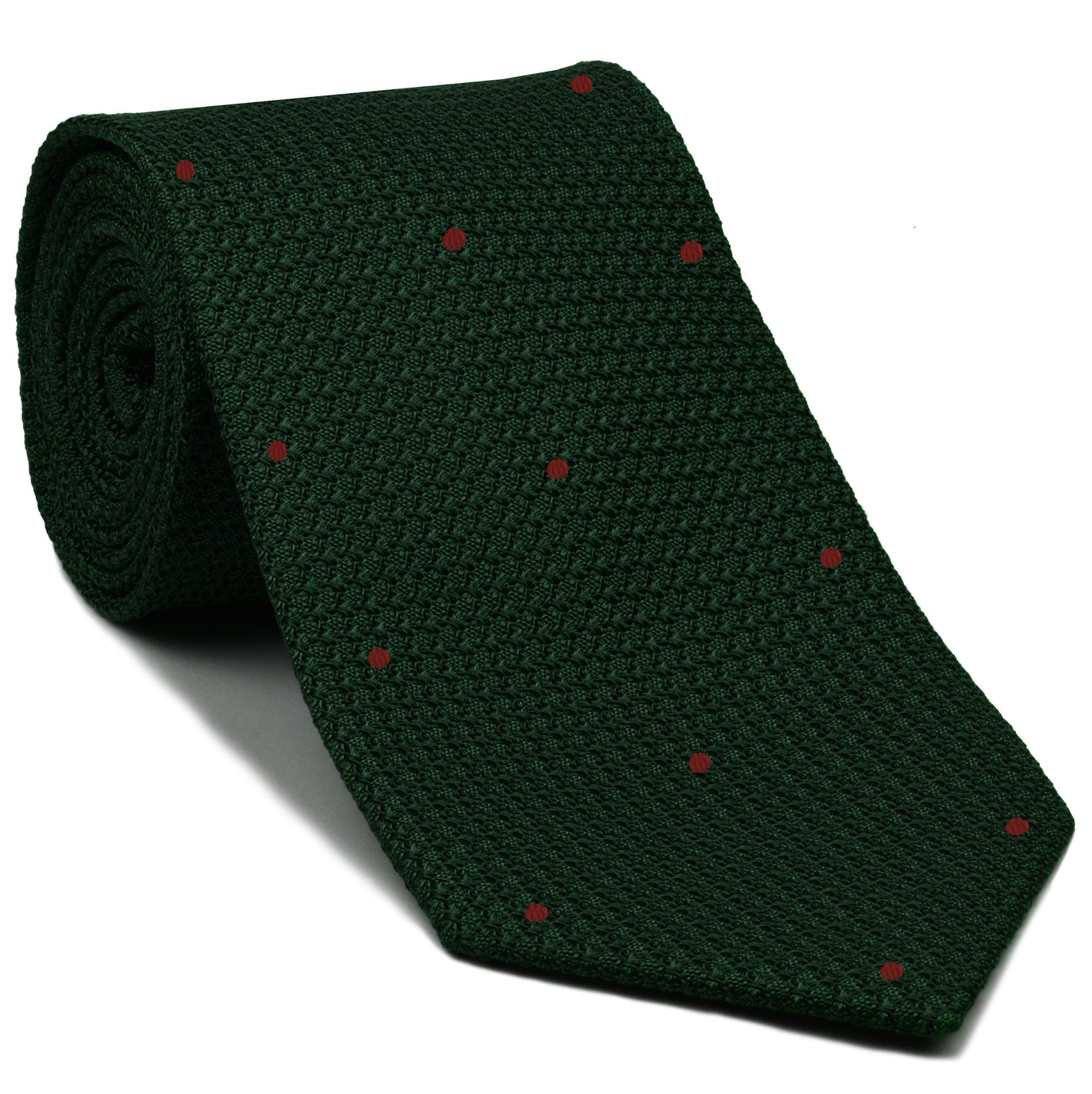 {[en]:Forest Green Grenadine Grossa with Dark Red (Hand Sewn) Pin Dots Silk Tie
